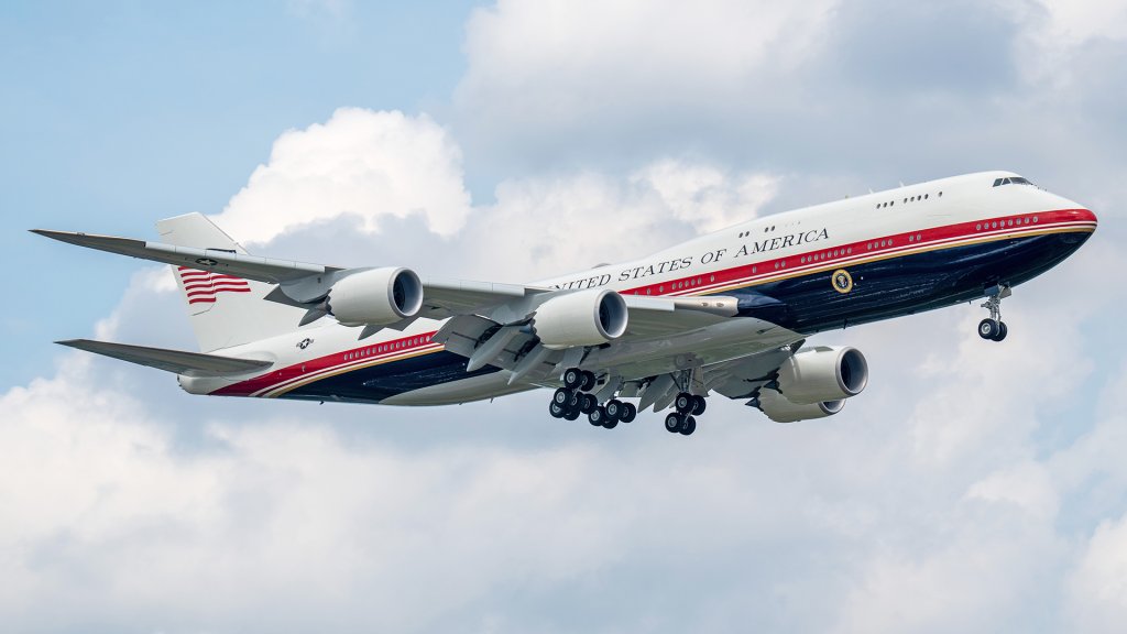 JOINT BASE ANDREWS, MARYLAND - JUNE 22: A Boeing 747-8 jetliner practices touch and go landings on June 22, 2026 in Joint Base Andrews, Maryland. The plane, which was a gift from the government of Qatar, is designated as the new Air Force One and will replace the military-grade 747-2. The Air Force has been working to upgrade the jet so it is ready for presidential transport. (Photo by Andrew Leyden/Getty Images)