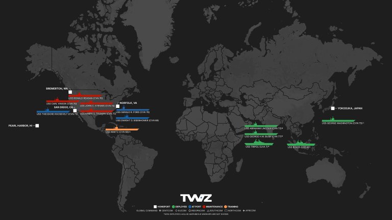 TWZ’s weekly carrier tracker monitoring America’s flattop fleet, including deployed Carrier Strike Groups (CSG) and Amphibious Ready Groups (ARG).