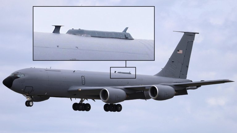 A U.S. Air Force KC-135 tanker appeared in the United Kingdom this weekend with a new large antenna on top of the rear of the fuselage.