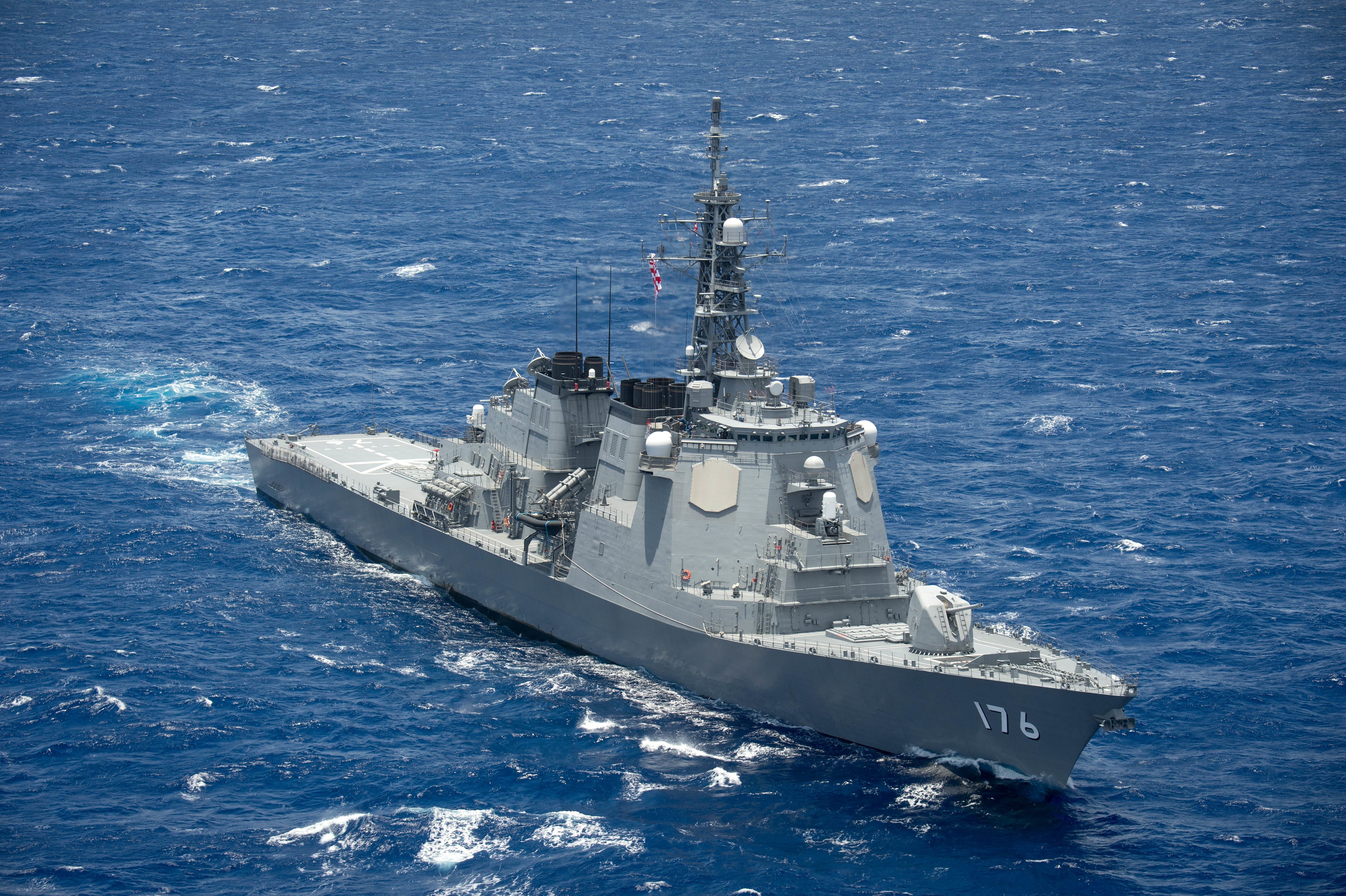 160728-N-SI773-2910 PACIFIC OCEAN (July 28, 2016) Japan Maritime Self-Defense Force guided missile destroyer JS Chokai (DDG 176) steams in close formation as one of 40 ships and submarines representing 13 international partner nations during Rim of the Pacific 2016. Twenty-six nations, more than 40 ships and submarines, more than 200 aircraft, and 25,000 personnel are participating in RIMPAC from June 30 to Aug. 4, in and around the Hawaiian Islands and Southern California. The world's largest international maritime exercise, RIMPAC provides a unique training opportunity that helps participants foster and sustain the cooperative relationships that are critical to ensuring the safety of sea lanes and security on the world's oceans. RIMPAC 2016 is the 25th exercise in the series that began in 1971. (U.S. Navy Combat Camera photo by Mass Communication Specialist 1st Class Ace Rheaume/Released)