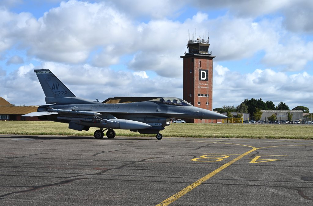 A U.S. Air Force F-16 Fighting Falcon from the 555th Fighter Squadron, Aviano Air Base, Italy, taxis out to the runway in preparation for takeoff for a training flight prior to the start of Cobra Warrior 24-2 at Royal Air Force Mildenhall, England, Sept. 11,2024. Combined exercises between the U.S., NATO, and Partners for Peace nations are conducted to improve coordination, collaboration and interoperability among allies. (U.S. Air Force photo by Karen Abeyasekere