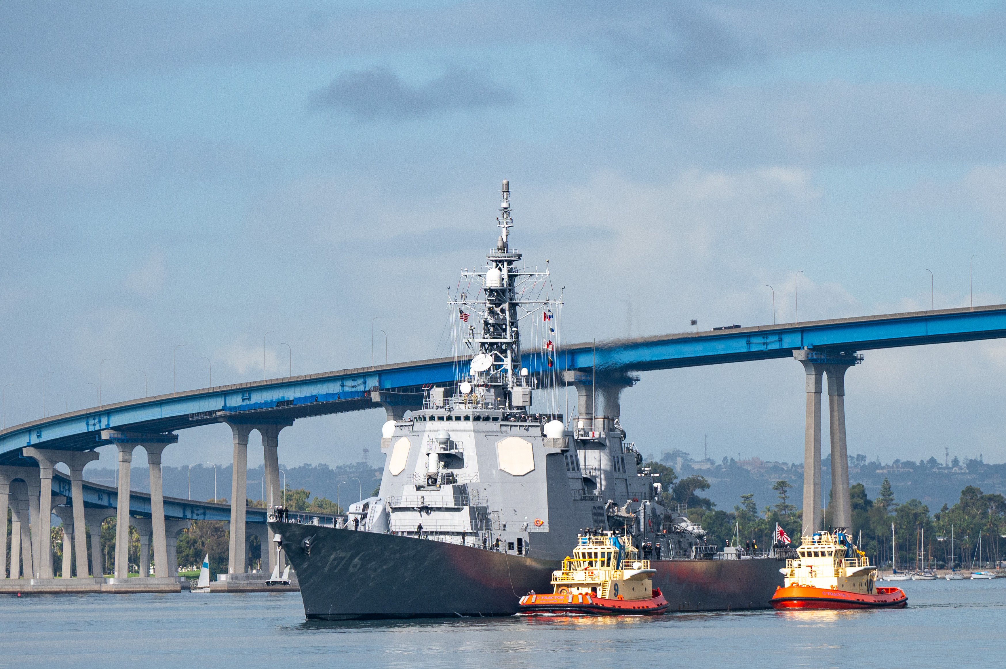 251020-N-NS989-1316 NAVAL BASE SAN DIEGO (Oct. 15, 2025) Kongo-class guided-missile destroyer in the Japan Maritime Self-Defense Force JS Chokai (DDG 176) arrives in Naval Base San Diego, October 15, 2025. Chokai is in San Diego conducting training. (U.S. Navy photo by Gunner's Mate 2nd Class Timothy Weber.)