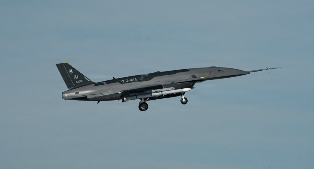 A YFQ-44A, part of the Air Force’s Collaborative Combat Aircraft (CCA) program, undergoes an undated captive carry test at a California test location. This test phase uses inert munitions to methodically validate weapons integration, structural performance and safety, ensuring the platform can safely carry external stores. The CCA program is a critical part of a larger, integrated system-of-systems designed to extend the reach and effectiveness of crewed aircraft, giving U.S. warfighters an overwhelming advantage in future conflicts. (Courtesy photo)