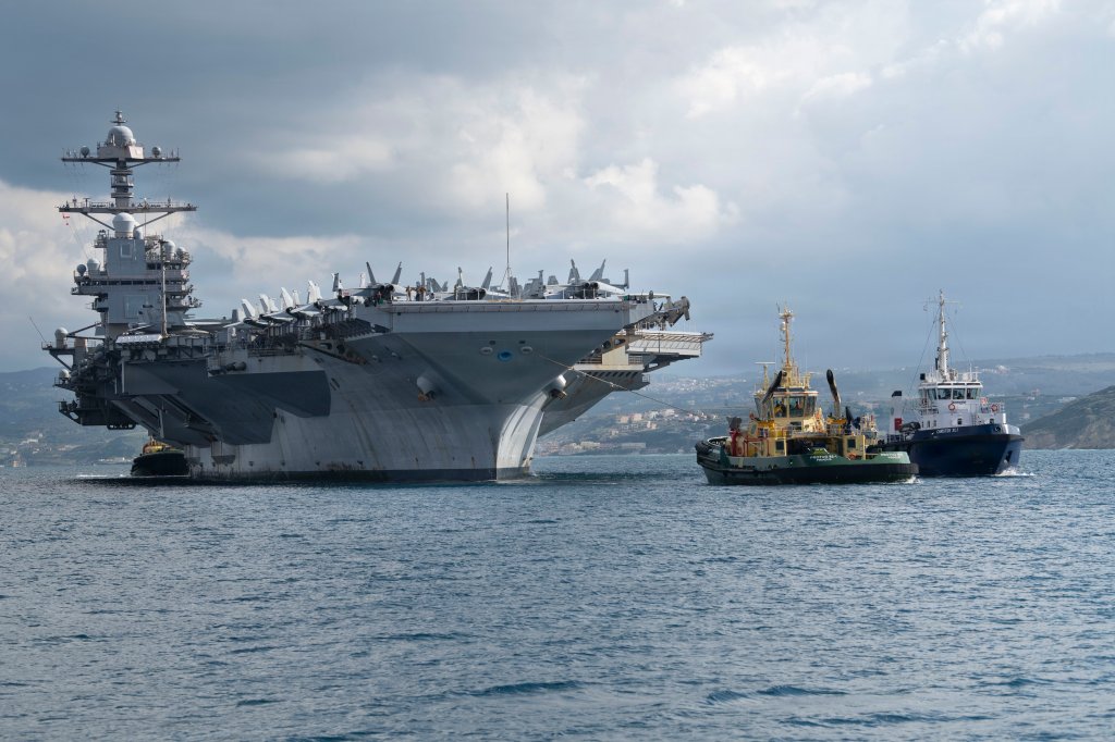 NAVAL SUPPORT ACTIVITY SOUDA BAY, Greece (Feb. 23, 2026) The world’s largest aircraft carrier, Ford-class aircraft carrier USS Gerald R. Ford (CVN 78) arrives at the NATO Marathi Pier Complex in Souda Bay, Crete, Greece, during a scheduled port visit on Feb. 23, 2026. NSA Souda Bay is an operational ashore installation that enables and supports U.S., Allied, Coalition, and partner nation forces to preserve security and stability in the European, African, and Central Command areas of responsibility. (U.S. Navy photo by Mass Communication Specialist 3rd Class Hannah Donahue)