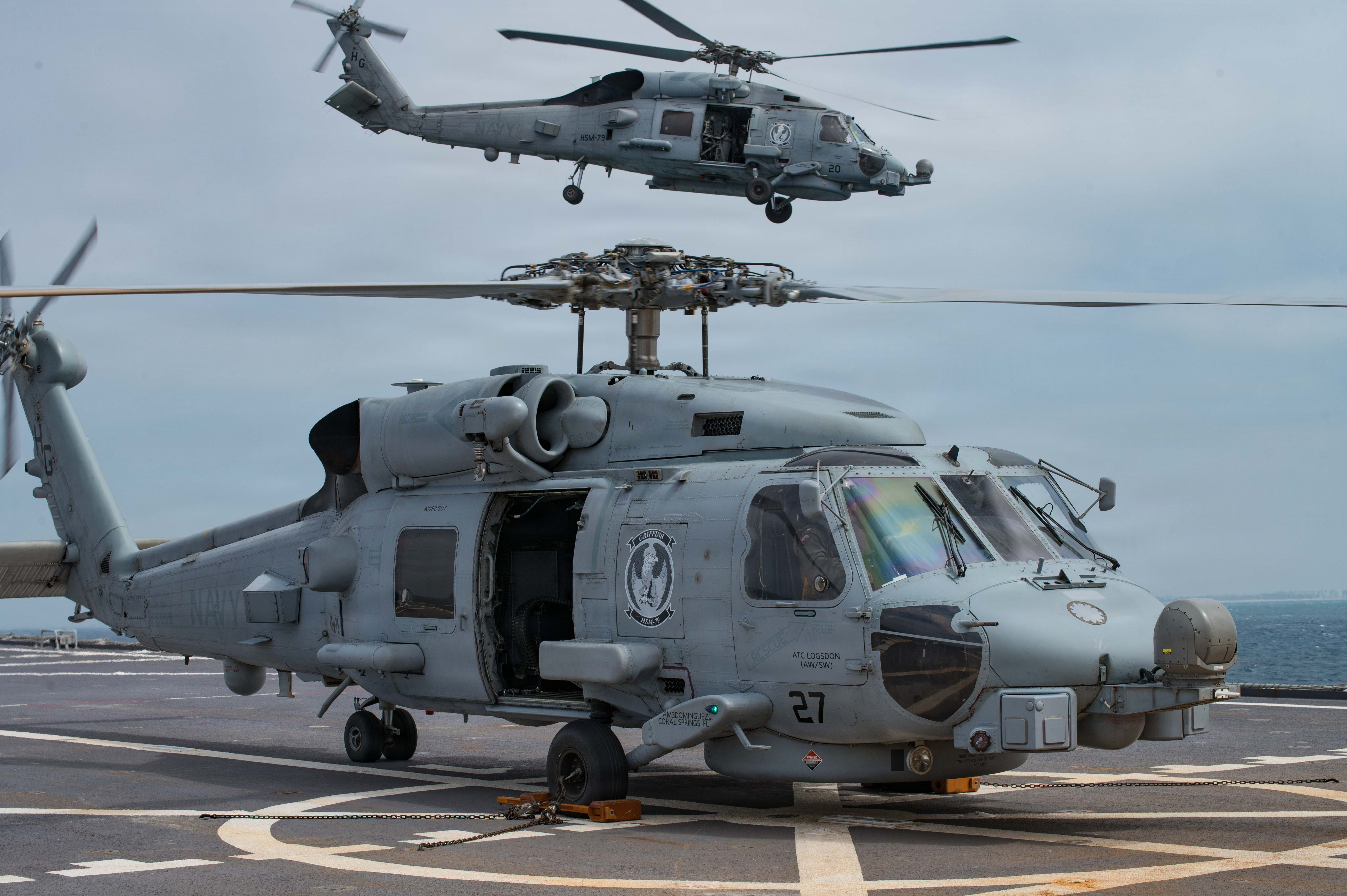 NAVAL STATION ROTA, Spain (April 28, 2026) MH-60R Seahawk helicopters assigned to Helicopter Maritime Strike Squadron 79 land on the flight deck of the Spanish Armada Galicia-class landing platform dock SPS Castilla (L-52) during a bilateral flight operations exercise, April 28, 2026. NAVSTA Rota is a force multiplier, capable of promptly deploying and supporting combat-ready forces through land, air and sea, enabling warfighters and their families, sustaining the fleet and fostering the U.S. and Spanish partnership. (U.S. Navy photo by Mass Communication Specialist 1st Class Drace Wilson)