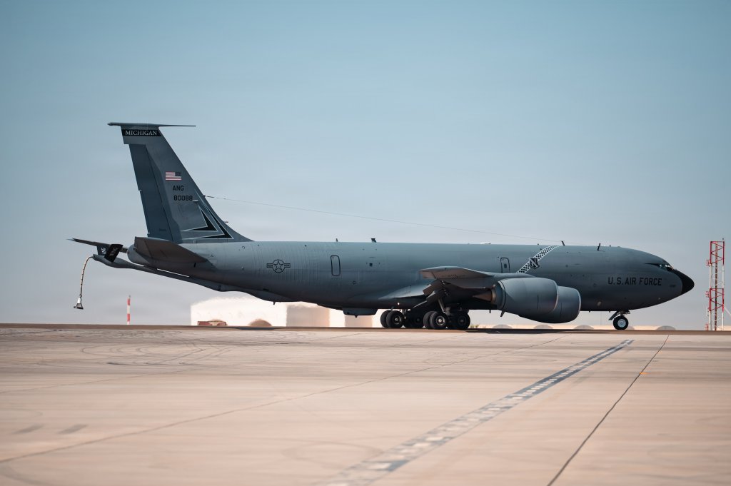 A U.S. Air Force KC-135 Stratotanker refueling aircraft taxis at a base in the Middle East, April 30, 2026. (U.S. Air Force photo by Master Sgt. James Cason)