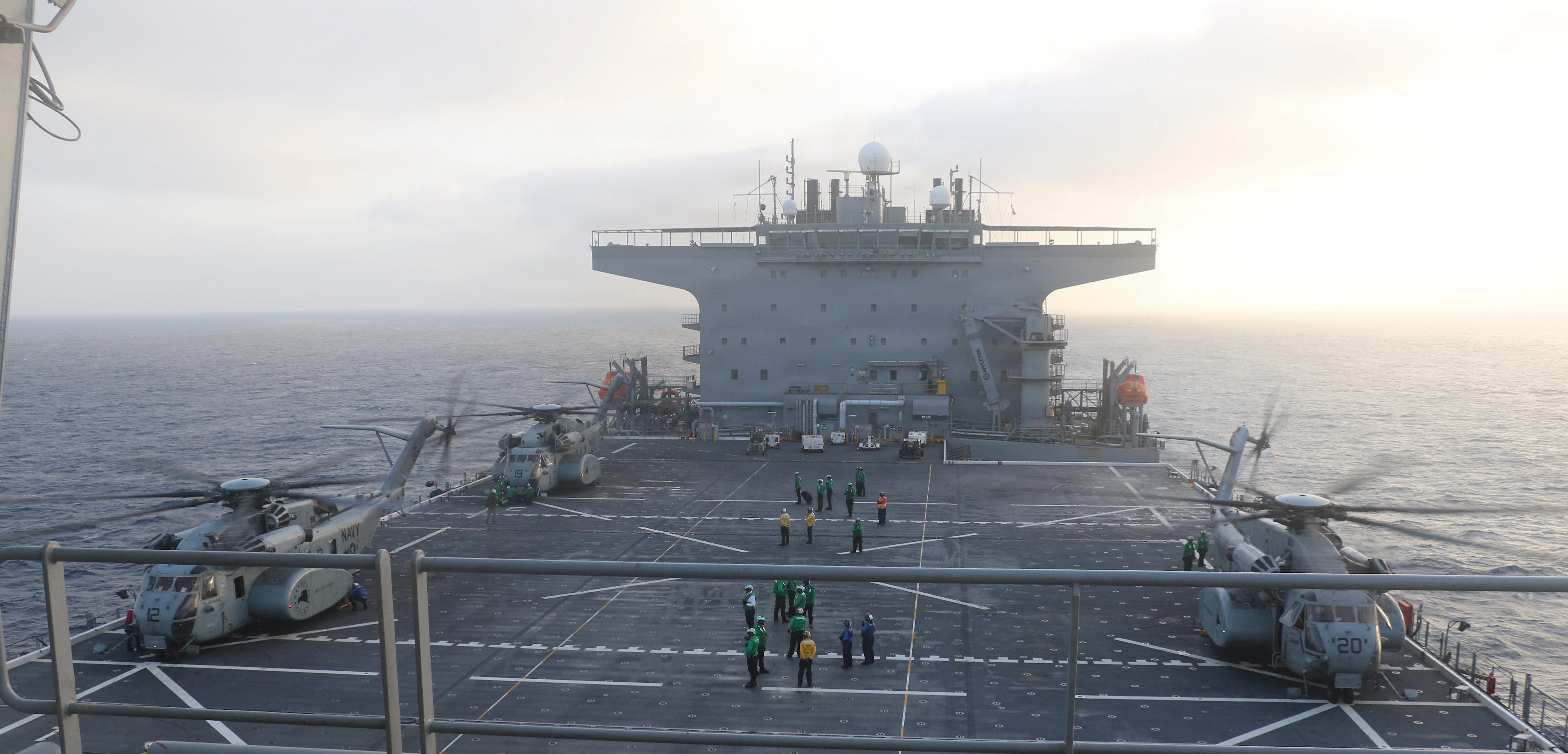 U.S. Sailors conduct flight operations with MH-53E Sea Dragon assigned to Helicopter Mine Countermeasures Squadron (HM) 15 aboard Lewis B. Puller-class expeditionary sea base USS Miguel Keith (ESB 5), June 6, 2026. Miguel Keith is deployed to the U.S. 5th Fleet area of operations. (U.S. Navy Photo)