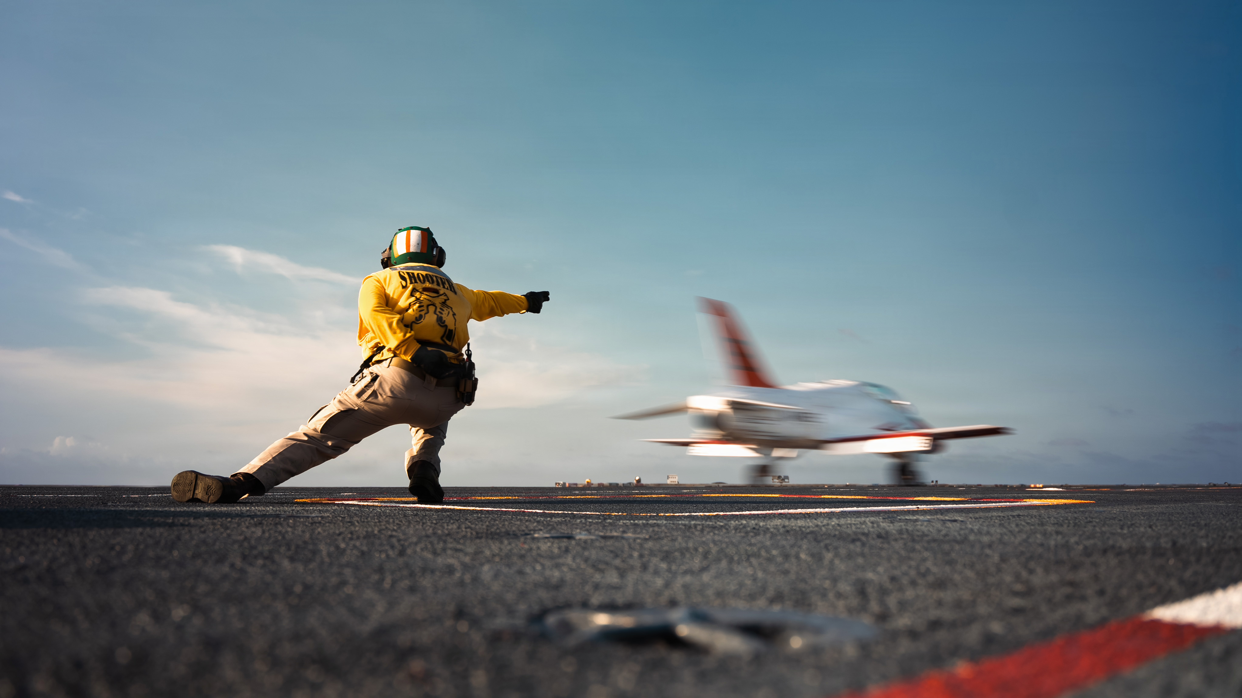 U.S. Navy Lt. Miguel Smith launches a T-45C Goshawk jet trainer aircraft off of the flight deck of Nimitz-class aircraft carrier USS Dwight D. Eisenhower (CVN 69), June 27, 2026. Eisenhower is underway in the Atlantic Ocean conducting carrier qualifications for student naval aviators assigned to Naval Air Training Command. (U.S. Navy photo by Mass Communication Specialist 2nd Class Miguel Santiago)