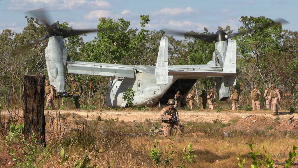 U.S. Marines and Sailors with Marine Rotational Force – Darwin 26 disembark an MV-22B Osprey tiltrotor aircraft assigned to Marine Medium Tiltrotor Squadron (VMM) 268 Reinforced, MRF-D 26, during a mass casualty training event at Mount Bundy Training Area in Northern Territory, Australia, July 25, 2026. The training tested the responsiveness and coordination of the Special Purpose Marine Air-Ground Task Force’s procedures to rescue and treat numerous casualties at once. MRF-D is a six-month forward deployment in Australia that strengthens combined interoperability with the Australian Defence Force and provides rapid crisis-response options for the joint force across the Indo-Pacific. (U.S. Marine Corps photo by Cpl. Grant Schirmer)