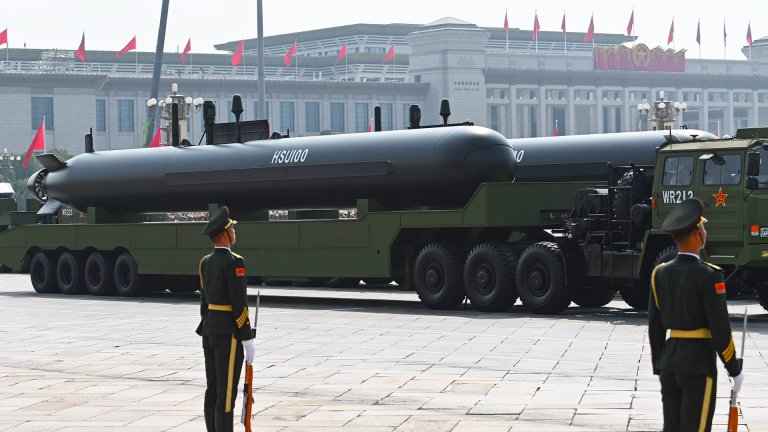03 September 2025, China, Peking: Unmanned underwater drones ride along on military transporters at Tiananmen Square in Beijing during a military parade to mark the 80th anniversary of the end of World War II. Photo: Johannes Neudecker/dpa (Photo by Johannes Neudecker/picture alliance via Getty Images)
