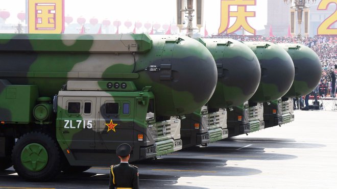 China's DF-41 nuclear-capable intercontinental ballistic missiles are seen during a military parade at Tiananmen Square in Beijing on October 1, 2019, to mark the 70th anniversary of the founding of the People's Republic of China. (Photo by GREG BAKER / AFP) (Photo by GREG BAKER/AFP via Getty Images)