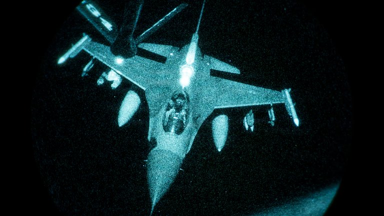 A U.S. Air Force F-16 Fighting Falcon aircraft approaches a U.S. Air Force KC-135 Stratotanker aircraft to refuel in the U.S. Central Command area of responsibility June 5, 2026. (U.S. Air Force photo by Senior Airman Adriana Jordan-Alcaniz)