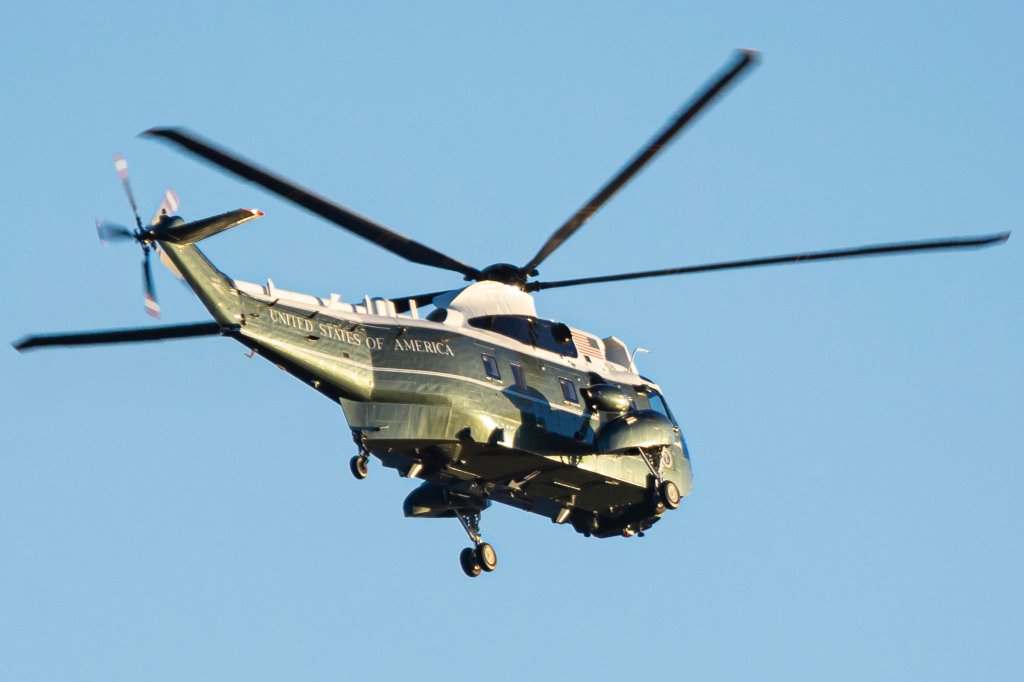 U.S. Marine Corps VH-92A know as Marine One helicopter flying over Washington DC. Marine One is the call sign of any United States Marine Corps aircraft carrying the president of the United States part of the US presidential transport aircraft fleet. Marine Helicopter Squadron One HMX-1 Nighthawks operate the Sikorsky Lockheed Martin VH-92A Patriot, a militarized variant of the Sikorsky S-92. Washington DC, United States of America on November 8, 2024 (Photo by Nicolas Economou/NurPhoto via Getty Images)