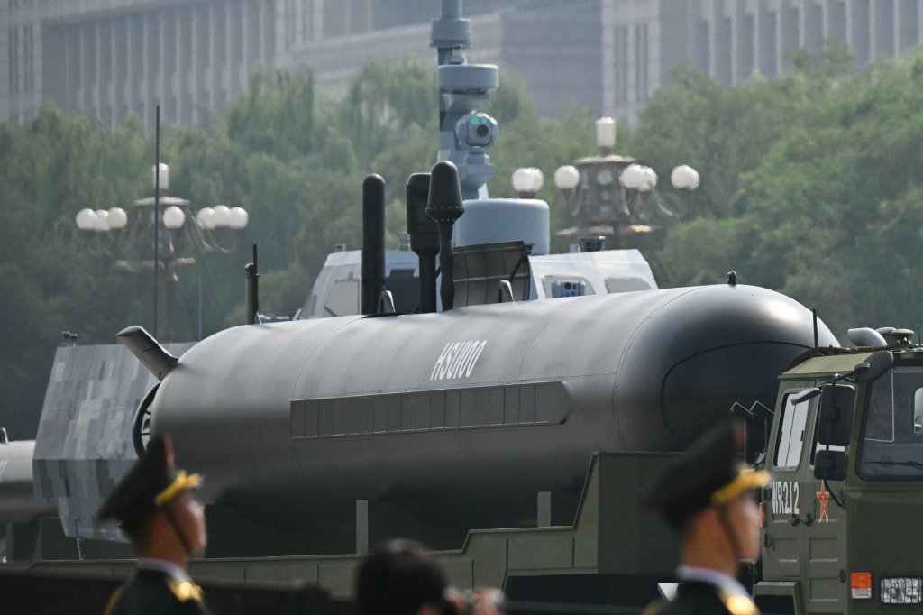 The HSU100 unmanned underwater vehicle is seen during a military parade marking the 80th anniversary of victory over Japan and the end of World War II, in Beijing's Tiananmen Square on September 3, 2025. (Photo by Greg Baker / AFP) (Photo by GREG BAKER/AFP via Getty Images)
