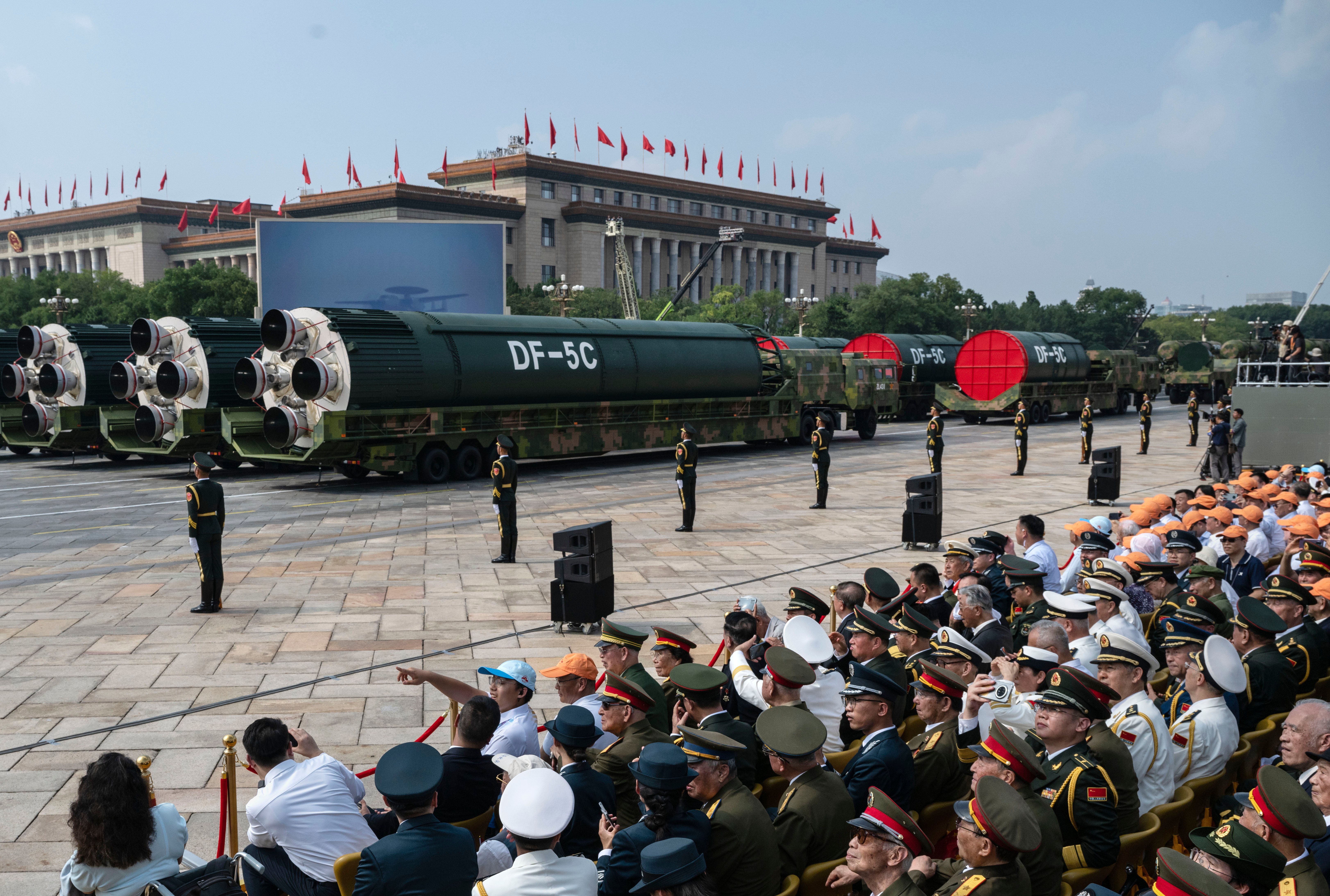 BEIJING, CHINA - SEPTEMBER 3: The new DF-5C global covering strategic nuclear capable missiles are seen on trucks as it is debuted at a military parade marking the 80th anniversary of victory over Japan and the end of World War II, in Tiananmen Square on September 3, 2025, in Beijing, China. The missile is said to have a range exceeding 20,000 kms. China's Victory Day military parade serves as a powerful display of national pride and military power. This year's parade carries heightened geopolitical weight with the attendance of 26 world leaders, including Russian President Vladimir Putin, North Korean leader Kim Jong Un, and Iranian President Masoud Pezeshkian, underlining China's diplomatic alliances as it presents itself as an alternative global leader. (Photo by Kevin Frayer/Getty Images)
