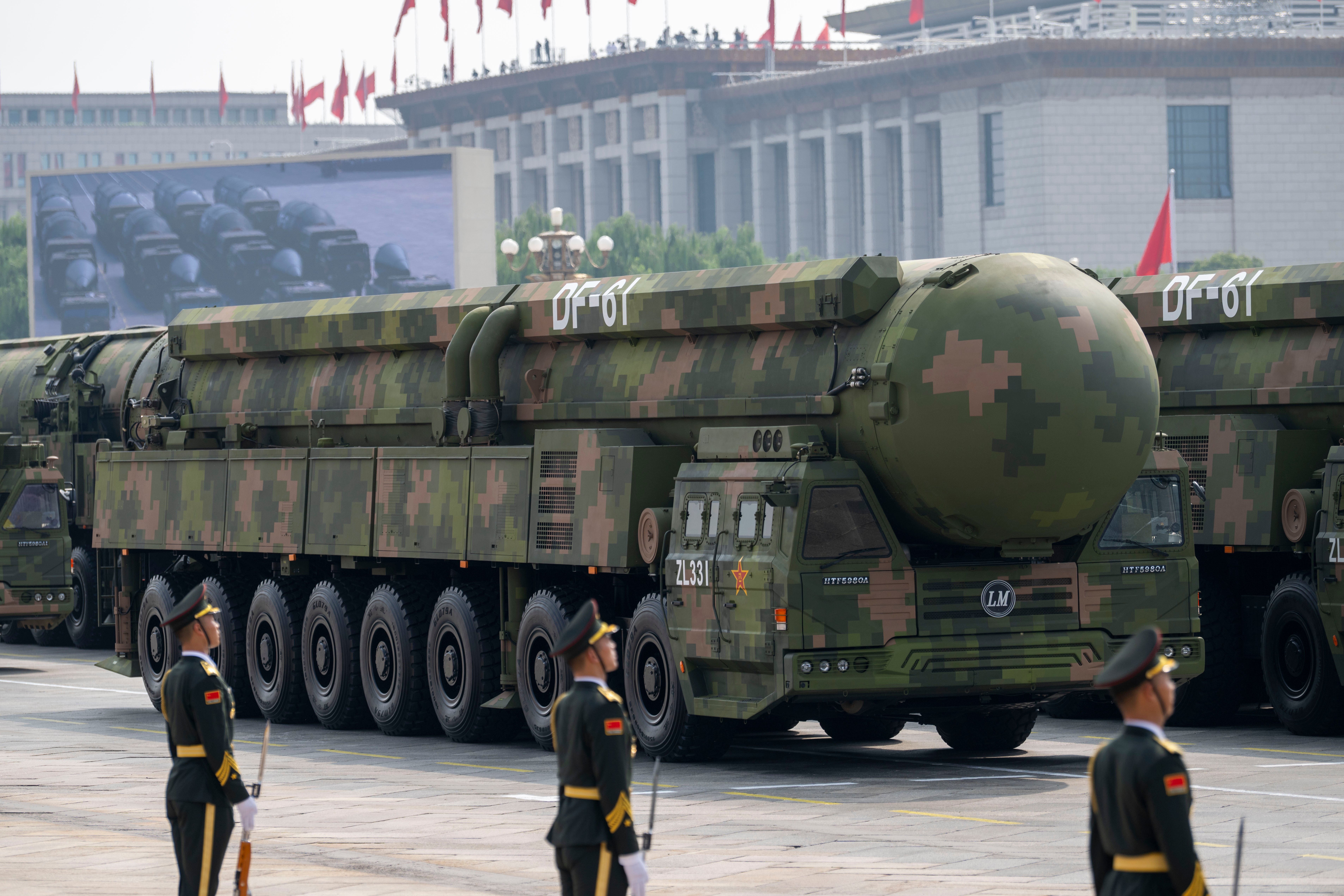 BEIJING, CHINA - SEPTEMBER 03: Land-based DF-61 intercontinental ballistic missiles of the nuclear missile formation attends the V-Day military at Tian'anmen Square during on September 3, 2025 in Beijing, China. China unveiled its land-, sea-, and air-based strategic forces as the nuclear triad for the first time in Wednesday's V-Day military parade during a grand gathering to commemorate the 80th anniversary of the victory in the Chinese People's War of Resistance against Japanese Aggression and the World Anti-Fascist War. (Photo by VCG/VCG via Getty Images)