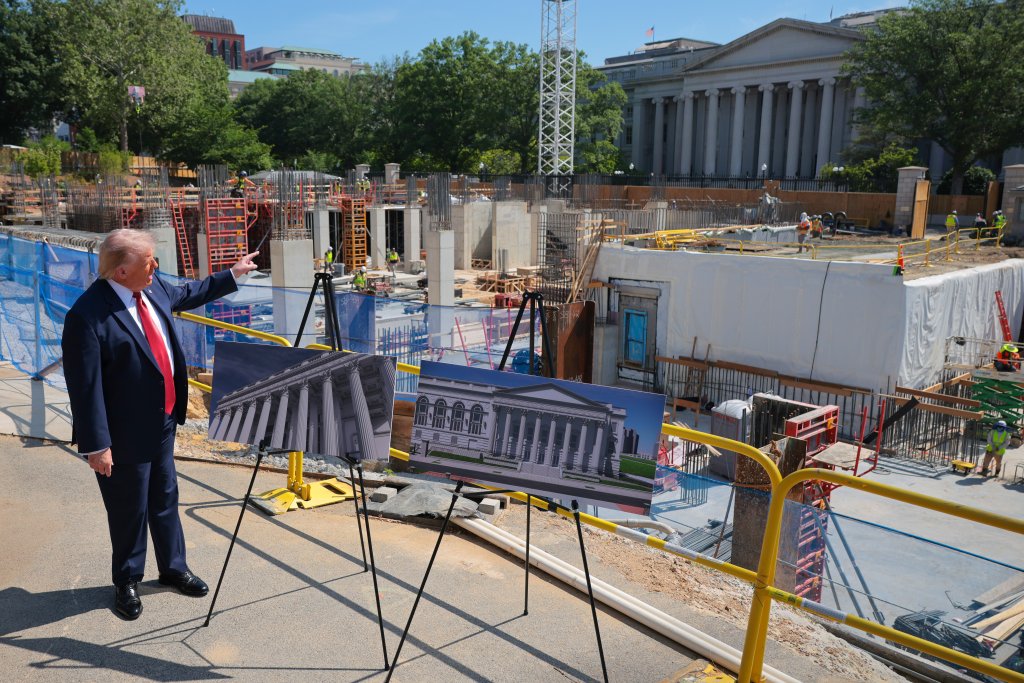 WASHINGTON, DC - MAY 19: U.S. President Donald Trump speaks to the media alongside posters of his proposed White House ballroom amid construction at the White House on May 19, 2026 in Washington, DC. The Senate parliamentarianruled this week that taxpayer funds in the budget reconciliation package cannot be used fora $1 billion provision intended to fund security for Trump’sWhite House ballroom. (Photo by Chip Somodevilla/Getty Images)