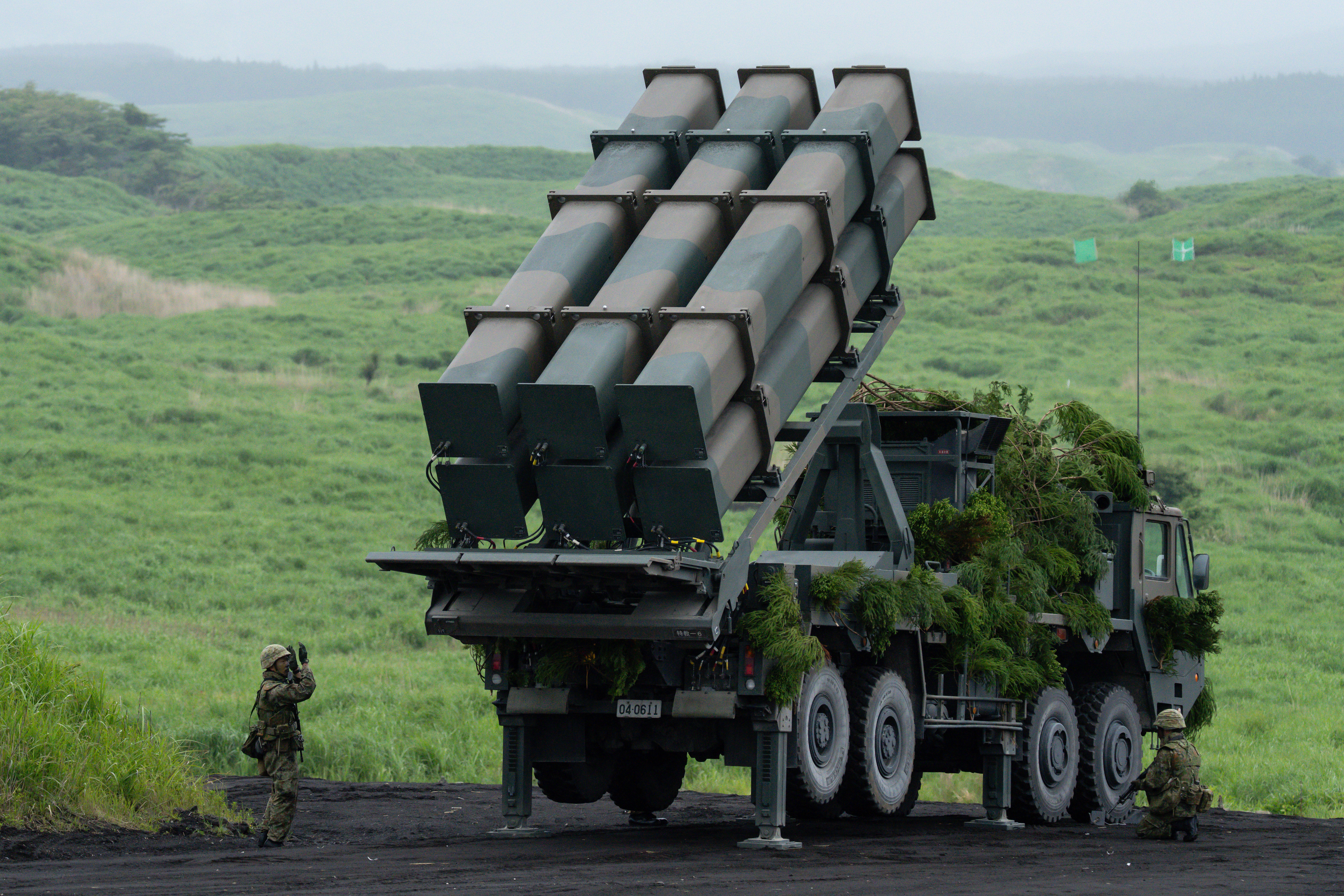 GOTEMBA, JAPAN - JUNE 07: Japan Ground Self-Defense Force's (JGSDF) Type 25 Surface-to-Ship Guided Missile is displayed during a live-fire exercise at the East Fuji Maneuver Area on June 07, 2026, in Gotemba, Shizuoka Prefecture, Japan. Japan lifted its ban on exporting lethal weapons in April, reversing the nation's postwar policy, while defense-related spending reached a record 9.04 trillion yen in the fiscal 2026 budget, up 3.8 percent from the previous fiscal year and marking a record high for the 12th consecutive year. (Photo by Tomohiro Ohsumi/Getty Images)