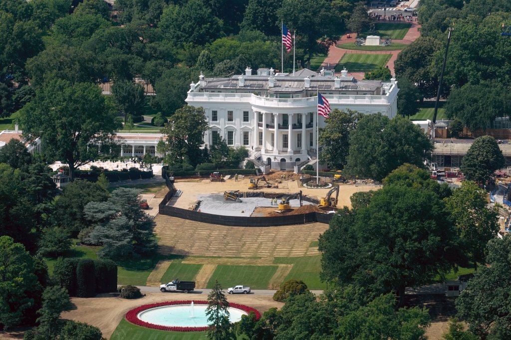 WASHINGTON, D.C. - June 30: Construction at the future site of a helipad on the South Lawn of the White House on Tuesday, June 30, 2026 in Washington, D.C. (Photo by Al Drago/For The Washington Post via Getty Images)