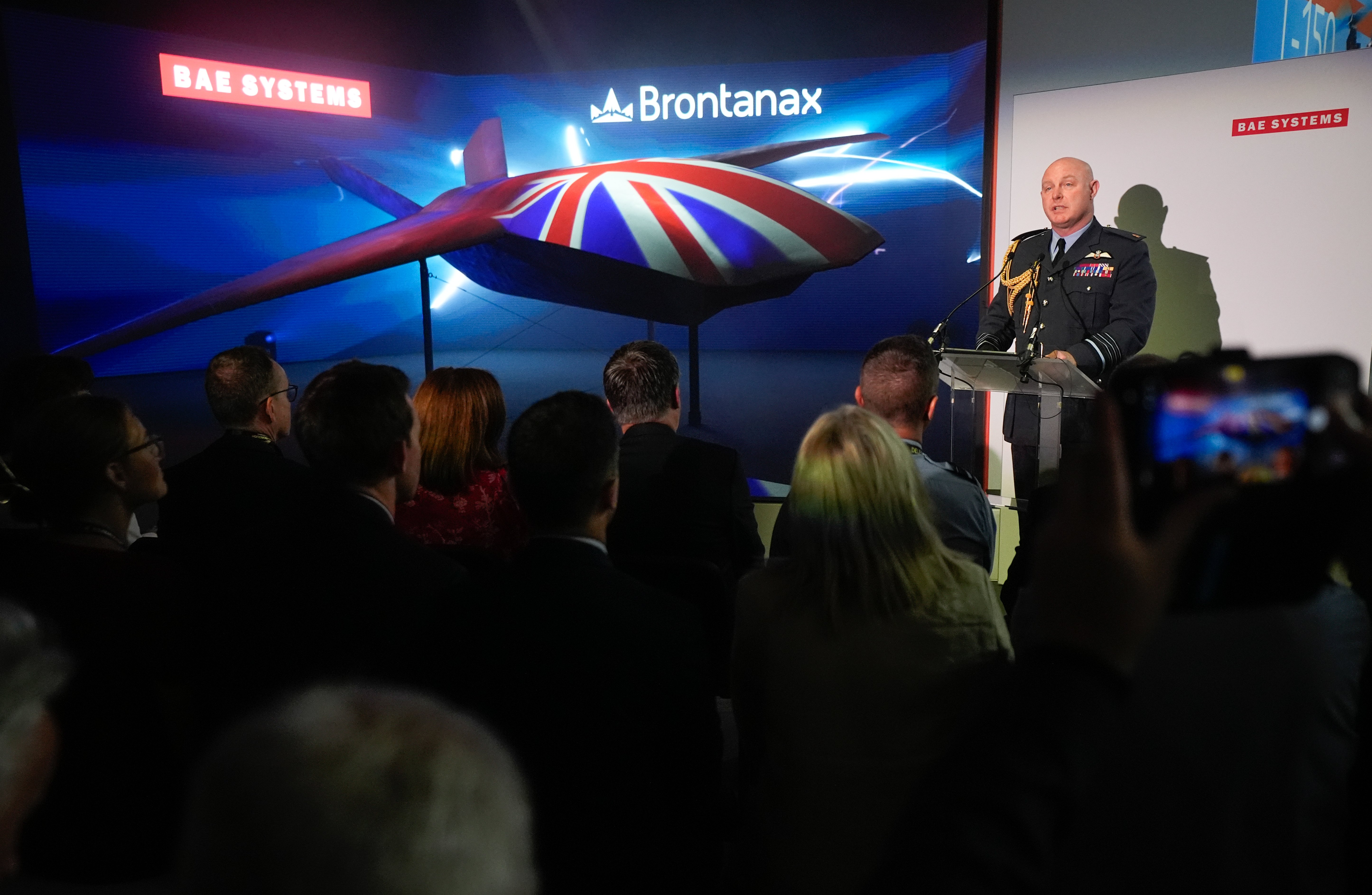 Chief of the Air Staff, Air Chief Marshal Sir Harvey Smyth, speaks during the unveiling of the UK's first uncrewed autonomous Collaborative Combat Aircraft (CCA) named Brontanax being unveiled at the BAE Systems stand at the Farnborough International Airshow in Hampshire. Picture date: Wednesday July 22, 2026. (Photo by Andrew Matthews/PA Images via Getty Images)