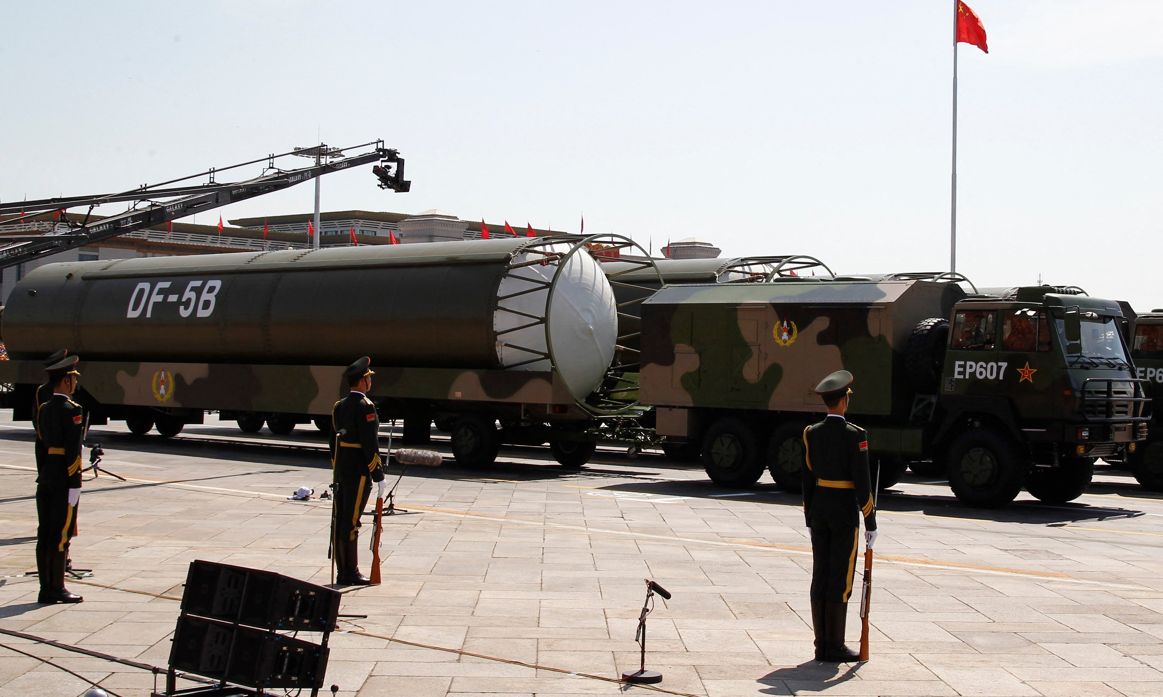 Chinese military DF-5B missiles are presented during a military parade in Tiananmen Square in Beijing on September 3, 2015, to mark the 70th anniversary of victory over Japan and the end of World War II. China kicked off a huge military ceremony marking the 70th anniversary of Japan's defeat in World War II on September 3, as major Western leaders stayed away. China's unveiling of 