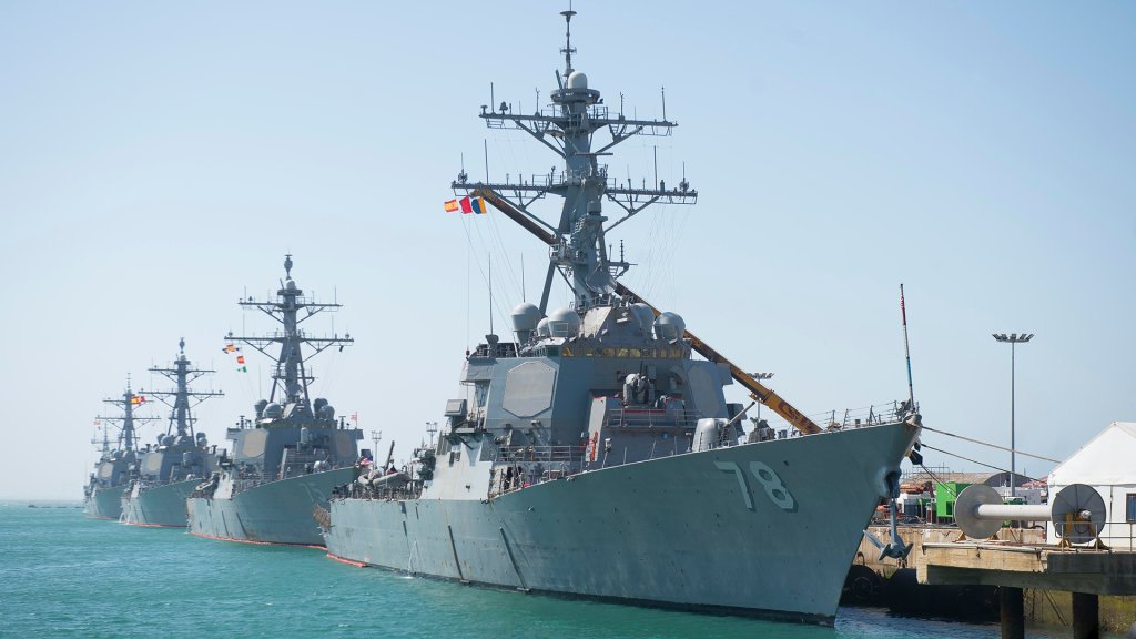 The Arleigh Burke-class guided-missile destroyers USS Porter (DDG 78), front, USS Donald Cook (DDG 75), USS Carney (DDG 64) and USS Ross (DDG 71) are moored at Naval Station Rota, Spain.