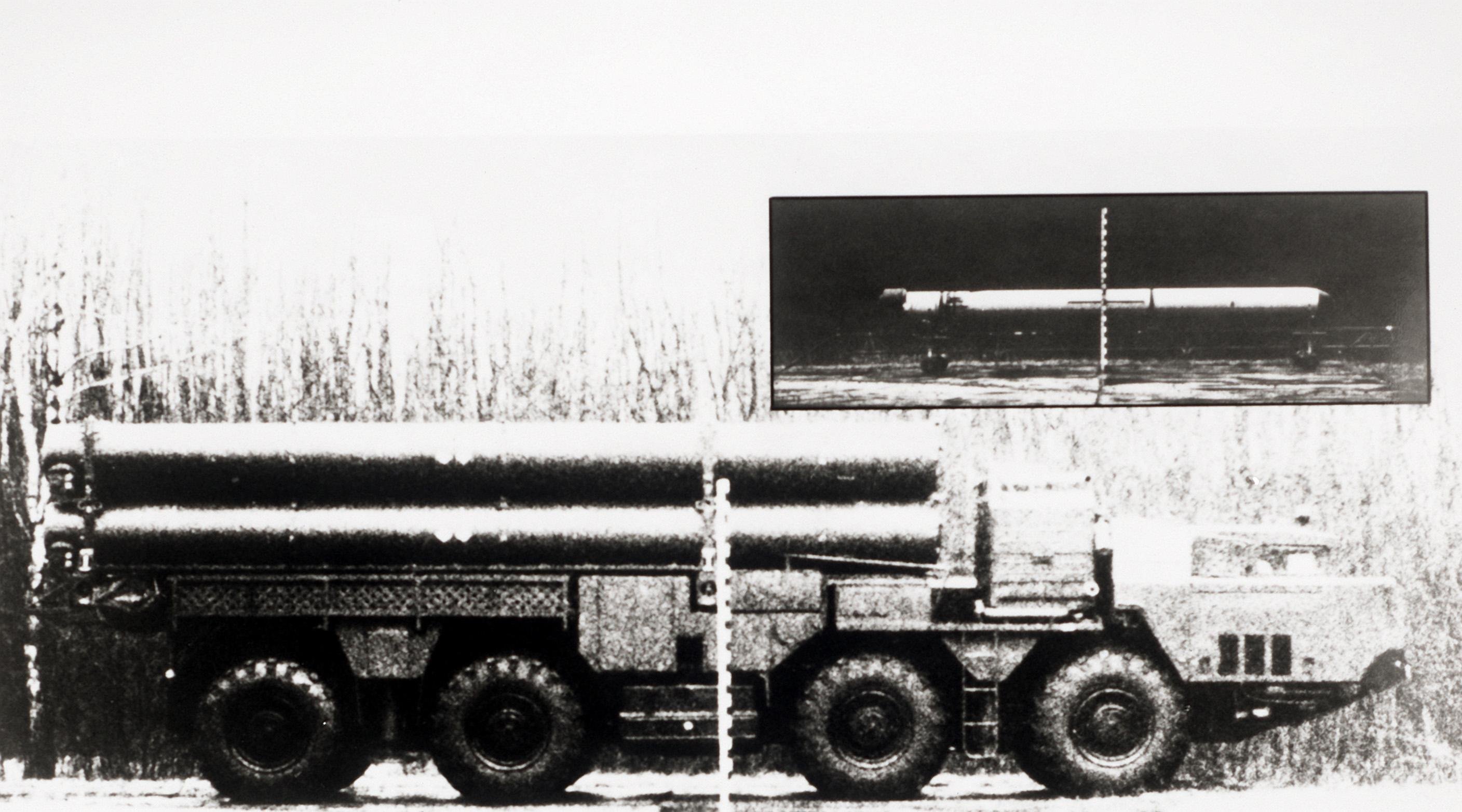 A view of the Transporter-Erector-Launcher (TEL) for the SSC-X-4 ground-launched cruise missile system with a close-up view of the SSC-X-4 missile in the insert.