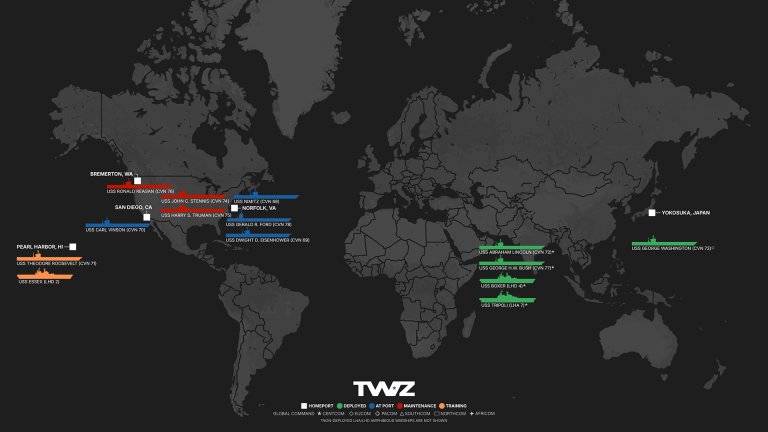 TWZ’s weekly carrier tracker monitoring America’s flattop fleet, including deployed Carrier Strike Groups (CSG) and Amphibious Ready Groups (ARG)