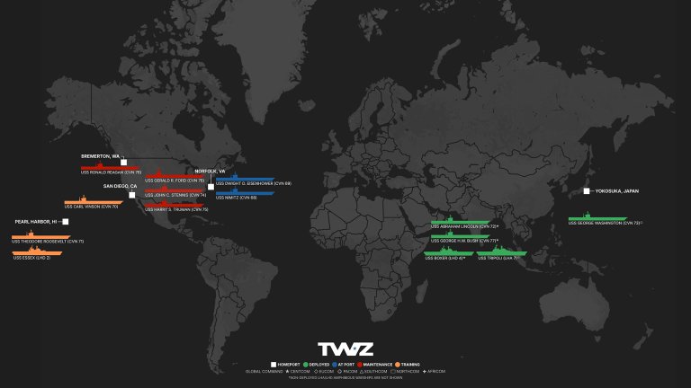TWZ’s weekly carrier tracker monitoring America’s flattop fleet, including deployed Carrier Strike Groups (CSG) and Amphibious Ready Groups (ARG)