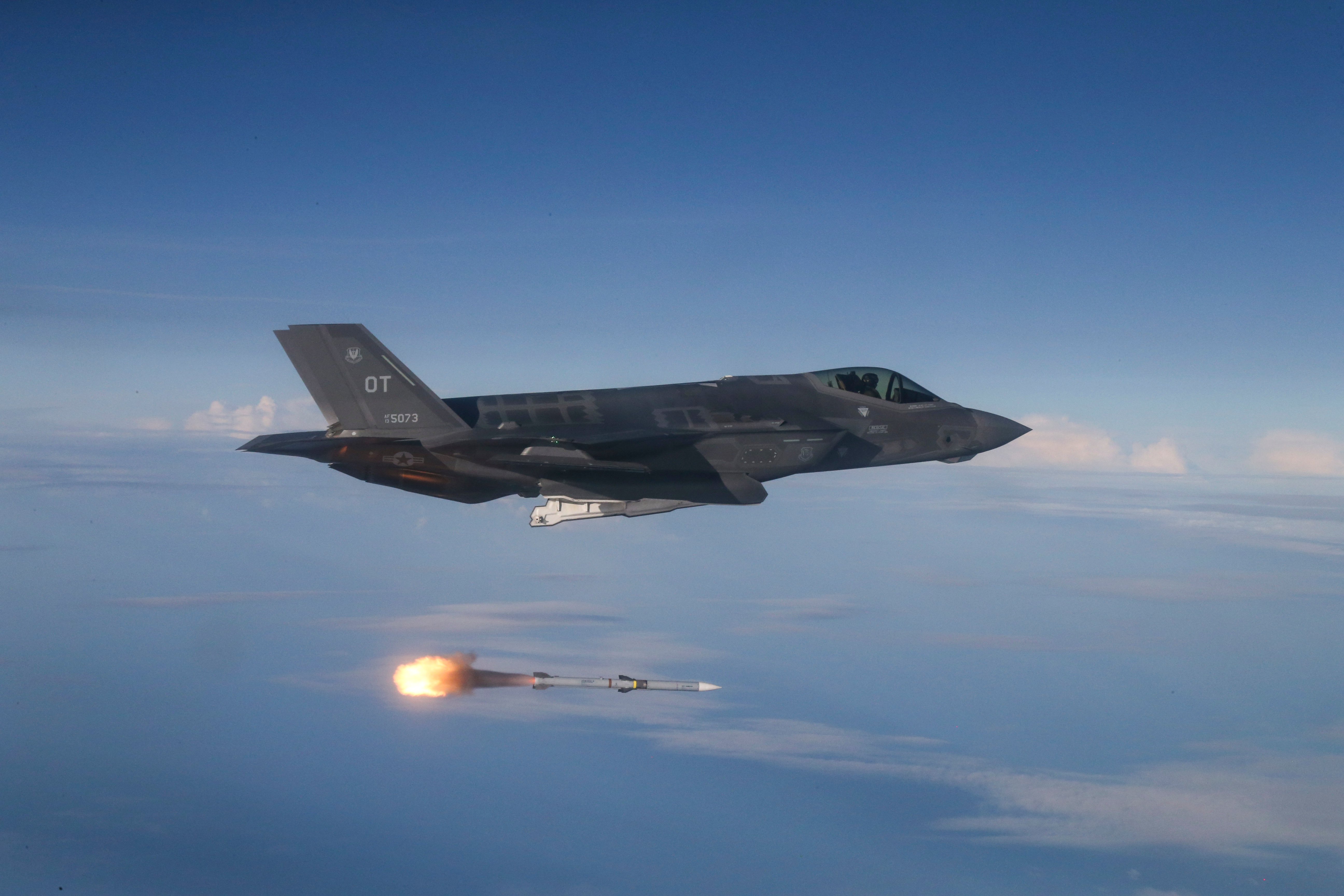 F-35A Lightning II test aircraft assigned to the 31st Test Evaluation Squadron from Edwards Air Force Base, California, released AIM-120 AMRAAM and AIM-9X missiles at QF-16 targets during a live-fire test over an Air Force range in the Gulf of Mexico on June 12, 2018. The Joint Operational Test Team conducted the missions as part of Block 3F Initial Operational Test and Evaluation.