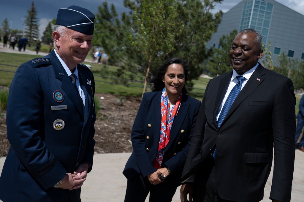 Secretary of Defense Lloyd J. Austin III and U.S. Air Force Gen. Glen D. VanHerck, Commander, U.S. Northern Command/North American Aerospace Defense Command (NORAD) and Canadian Minister of Defence Anita Anand visit Peterson Space Force Base, Colo., June 7, 2022. Austin, Anand, VanHerck along with Canadian Prime Minister Justin Trudeau visited U.S. Northern Command/North American Aerospace Defense Command (NORAD) and the Cheyenne Mountain Complex. (DoD photo by Chad J. McNeeley)