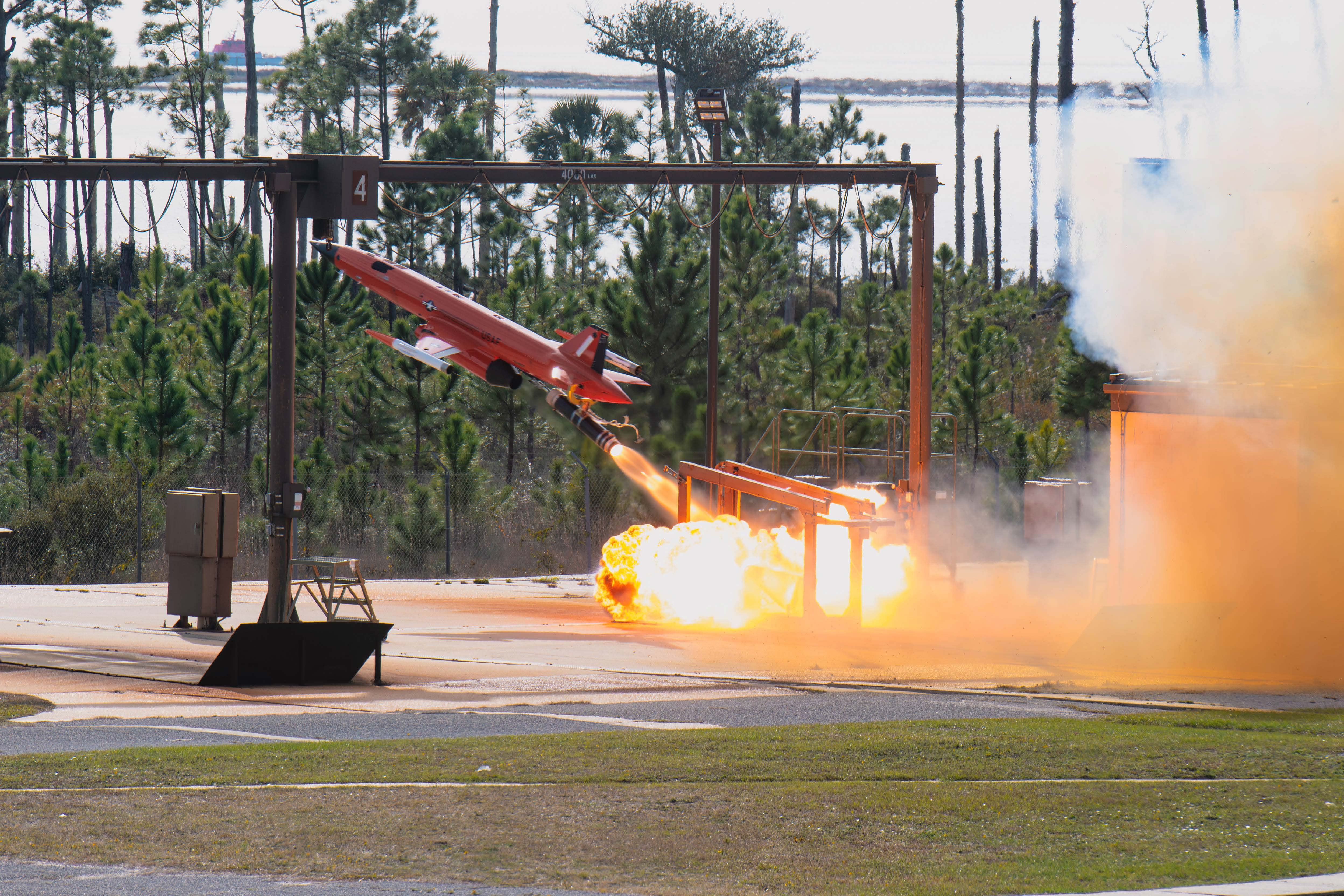 A BQM-167A Subscale Aerial Target launches from Tyndall Air Force Base, Florida, Dec. 8, 2023. The launch site is utilized by service members and contractors from the 82nd ATRS to launch and recover subscale targets in support of the Weapon Systems Evaluation Program. (U.S. Air Force photo by Venessa Armenta)