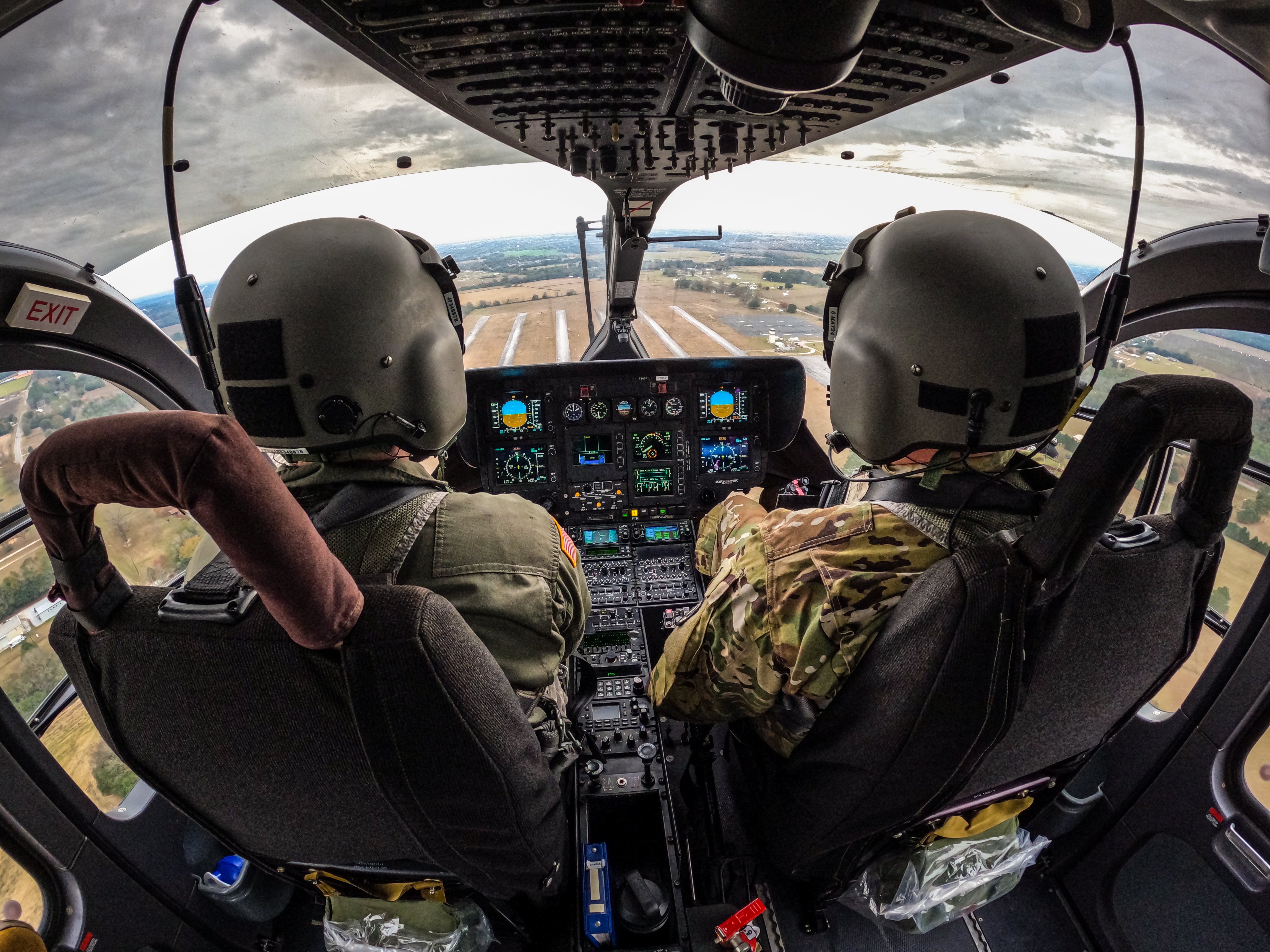 Warrant Officer Caleb Franklin, an Initial Entry Rotary Wing (IERW) student, and instructor fly approaches at a Fort Novosel stagefield during the primary phase of UH-72 Lakota helicopter training on November 30, 2023. (U.S. Army photo by 2nd Lt. Hannah Lamb)