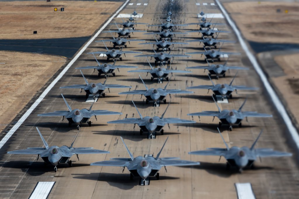 Aircraft from the 1st Fighter Wing conducted an Elephant Walk at Langley Air Force Base, Jan. 31, 2025, showcasing the wing's readiness and operational agility. This demonstration highlighted the wing's capability to mobilize forces rapidly in high-stress scenarios. The wing’s fleet includes F-22 Raptors and T-38 Talons. As Air Combat Command’s lead wing, the 1 FW maintains unparalleled combat readiness to ensure national defense at a moment’s notice. (U.S. Air Force photo by SrA Ian Sullens)
