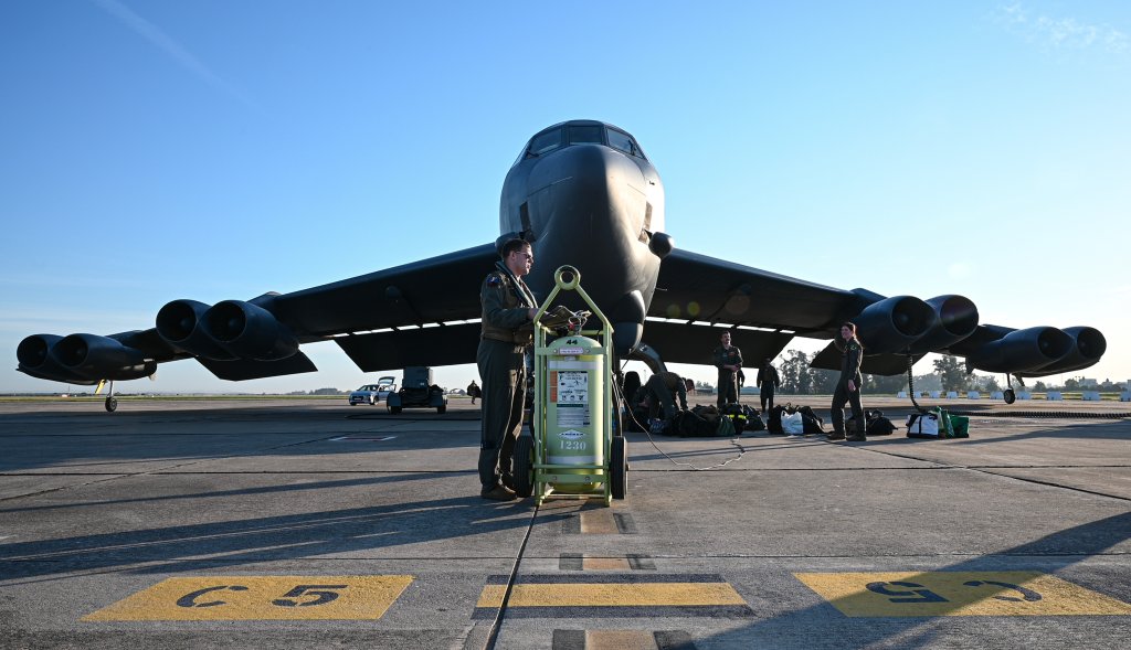 U.S. Air Force 23rd Expeditionary Bomb Squadron aircrew prepare a B-52 Stratofortress aircraft for flight during a Bomber Task Force mission at Moron Air Base, Spain, May 27, 2025. U.S. Strategic Command regularly tests and evaluates the readiness of strategic assets through BTF missions to ensure our extended deterrence commitments are strong and credible. (U.S. Air Force photo by Staff Sgt. Bryan Guthrie)