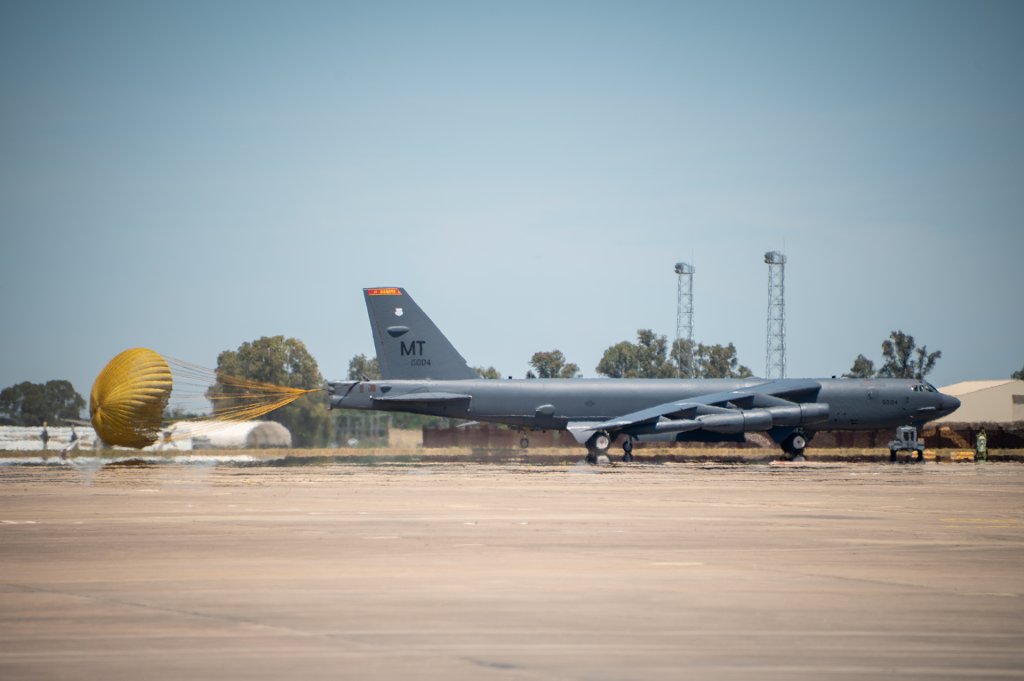 A U.S. Air Force B-52 Stratofortress assigned to the 5th Bomb Wing deploys a drag chute to slow down after landing at Morón Air Base, Spain, during a Bomber Task Force Europe deployment, May 20, 2025. The 496th Air Base Squadron delivered full- spectrum support, enabling the aircraft to safely operate from the Spanish Air Force installation. (U.S. Air Force photo by Cristina Oliveira)
