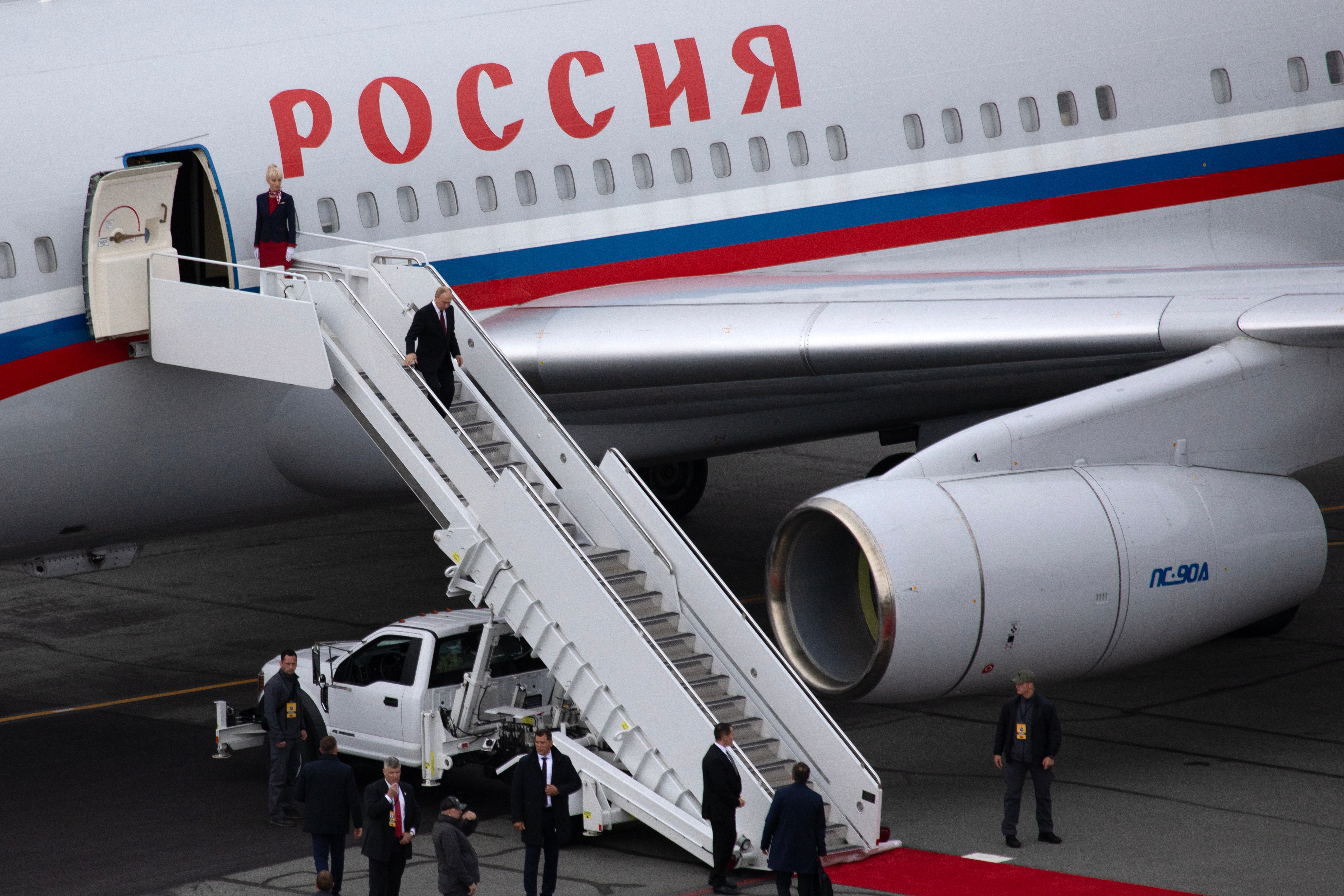 Russian President Vladimir Putin disembarks his presidential aircraft at Joint Base Elmendorf-Richardson, Alaska, Aug. 15, 2025. (Alaska National Guard photo by Seth LaCount)