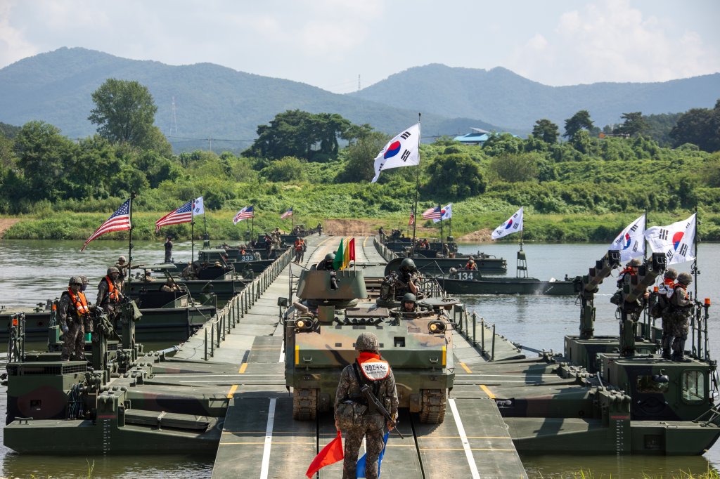 Republic of Korea soldiers assigned to the 312th Wet Gap Battalion, ROK 7th Engineer Brigade, cross the bridge with armored vehicles during combined wet gap crossing training as part of Ulchi Freedom Shield near Yeoju, South Korea, Aug 27, 2025. Ulchi Freedom Shield is an annual combined exercise conducted in support of the ROK-U.S. Mutual Defense Treaty signed in 1953. This combined exercise program highlights the ironclad commitment between the two nations to maintain a robust combined defense posture and to defend the people of the ROK from any threat.(U.S. Army photo by Kpfc. Choi Yoonhyeok).
