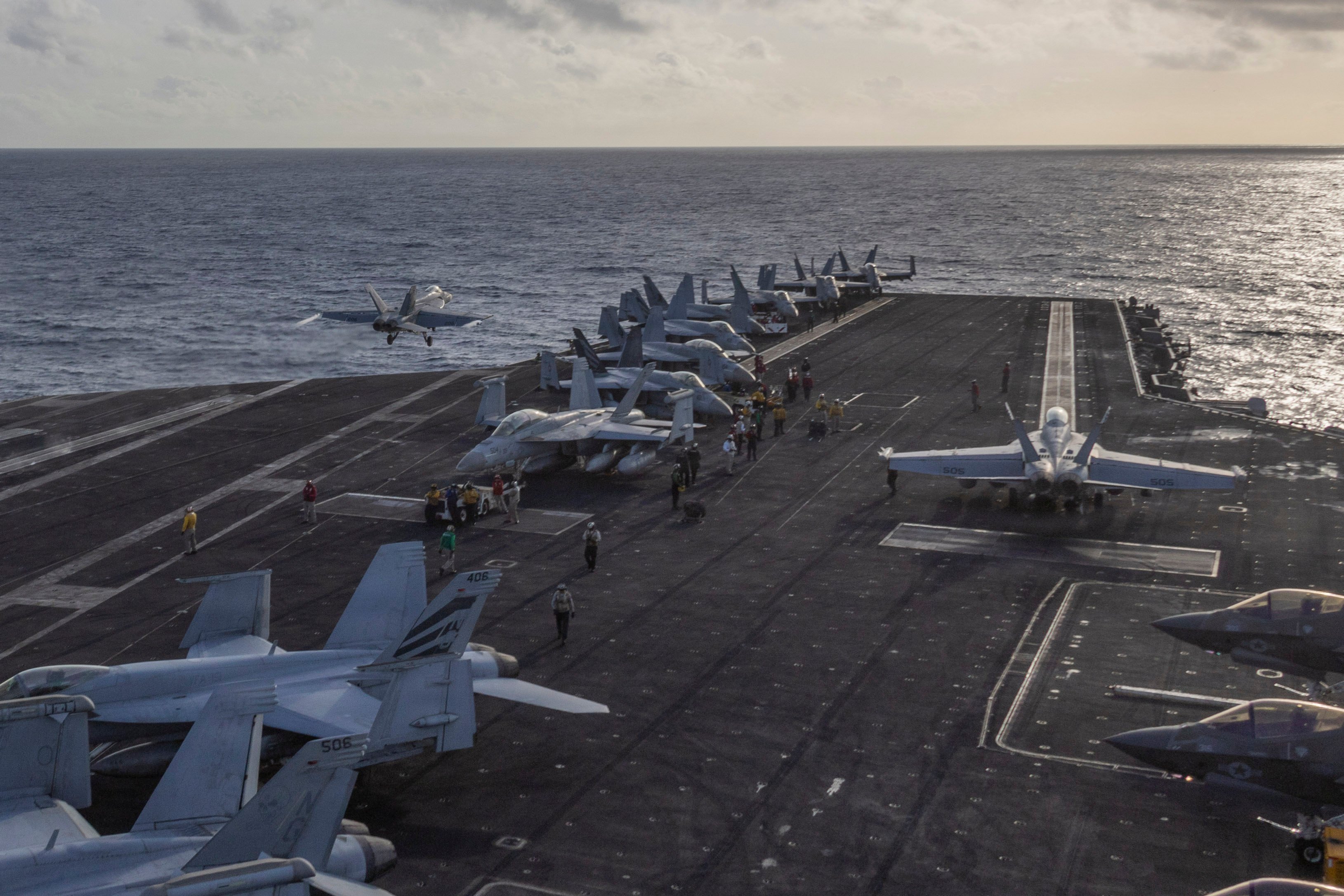 An F/A-18E Super Hornet, assigned to Strike Fighter Squadron (VFA) 14, launches from the flight deck of Nimitz-class aircraft carrier USS Abraham Lincoln (CVN 72), Aug. 22, 2026. Abraham Lincoln is underway conducting routine operations in the U.S. 7th Fleet area of operations. Units assigned to 7th Fleet conduct continuous patrols to deter aggression, strengthen alliances and partnerships, and advance peace through strength. (U.S. Navy photo by Mass Communication Specialist 3rd Class Zoe Simpson)