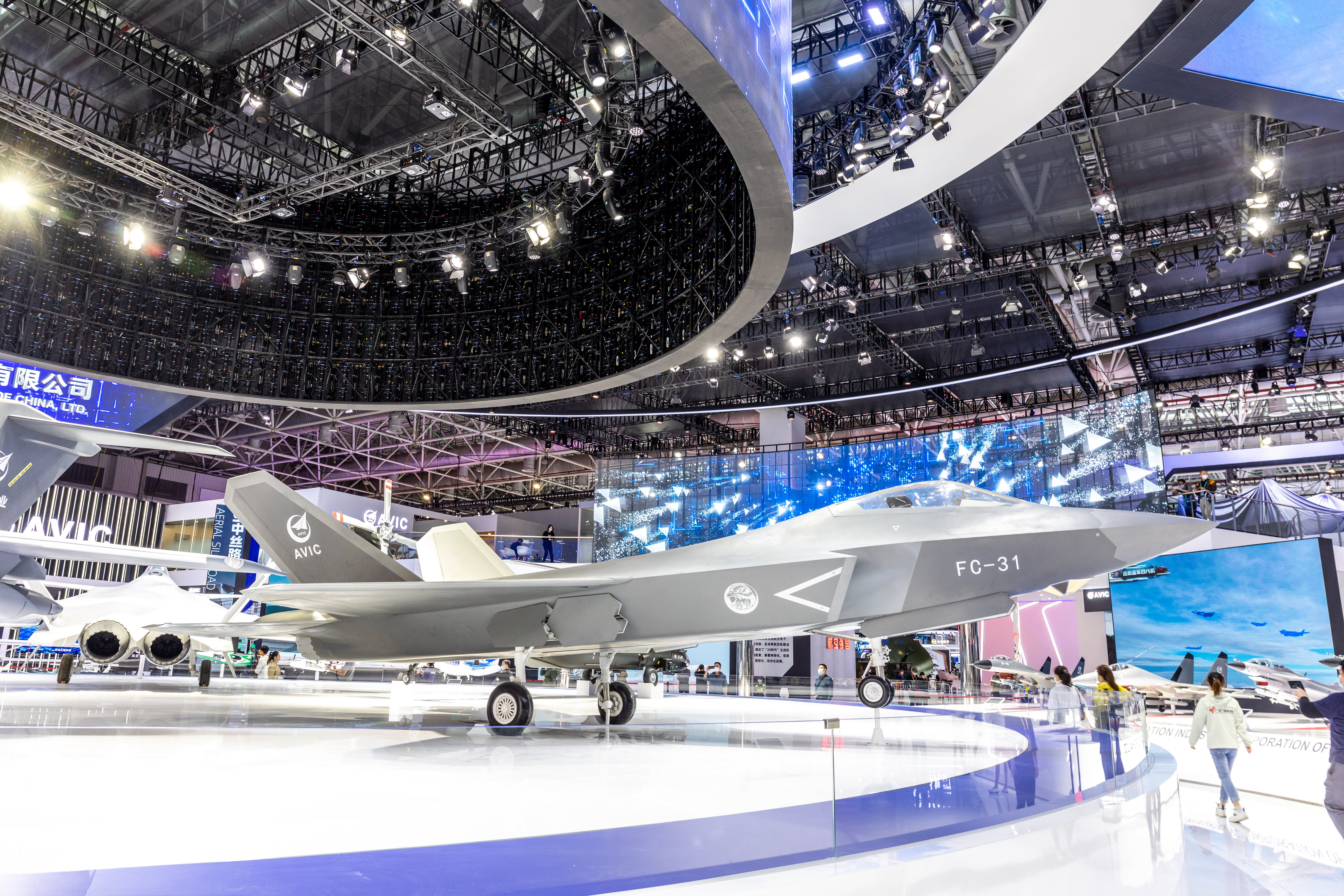 ZHUHAI, CHINA - NOVEMBER 06: FC-31 stealth fighter jet is showcased at Airshow China 2022 on November 6, 2022 in Zhuhai, Guangdong Province of China. The 14th China International Aviation and Aerospace Exhibition, or Airshow China 2022, will be held from November 8 to 13 in Zhuhai. (Photo by VCG/VCG via Getty Images)