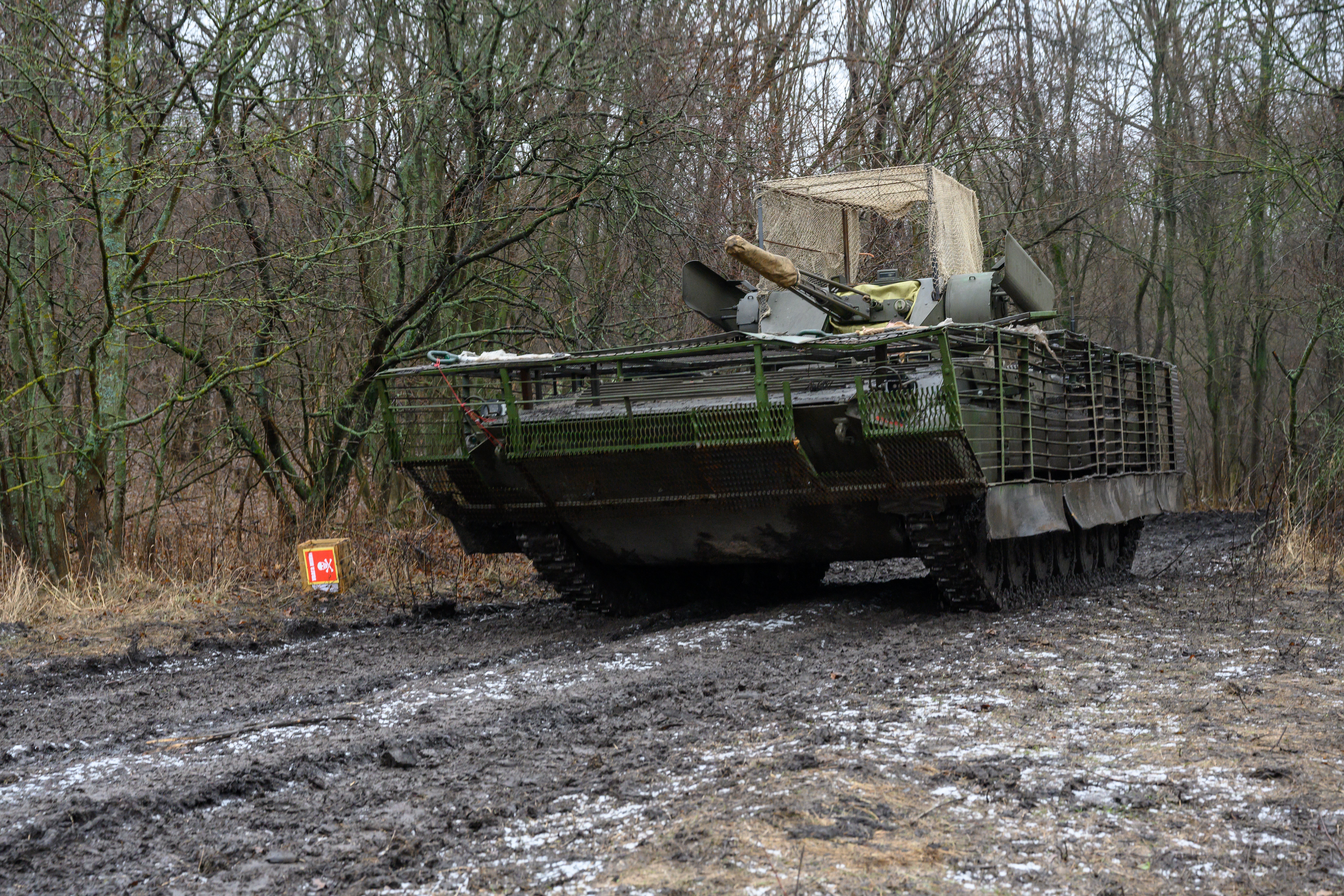 KHARKIV, UKRAINE - JANUARY 17: Soldiers of the 13th Khartiia Brigade of the National Guard of Ukraine train on an upgraded Soviet-era BMP-1TS armored fighting vehicle on January 17, 2025 north of Kharkiv, Ukraine. As Russias invasion of Ukraine enters its third year and Russian forces make steady territorial gains in the southeast, Ukraine is facing manpower and weapons shortages. Senior Ukrainian commanders and officials express concern that deep U.S. support will slow or stop with the incoming Trump Administration, which has stated that it would swiftly end the three-year war. (Photo by Scott Peterson/Getty Images)