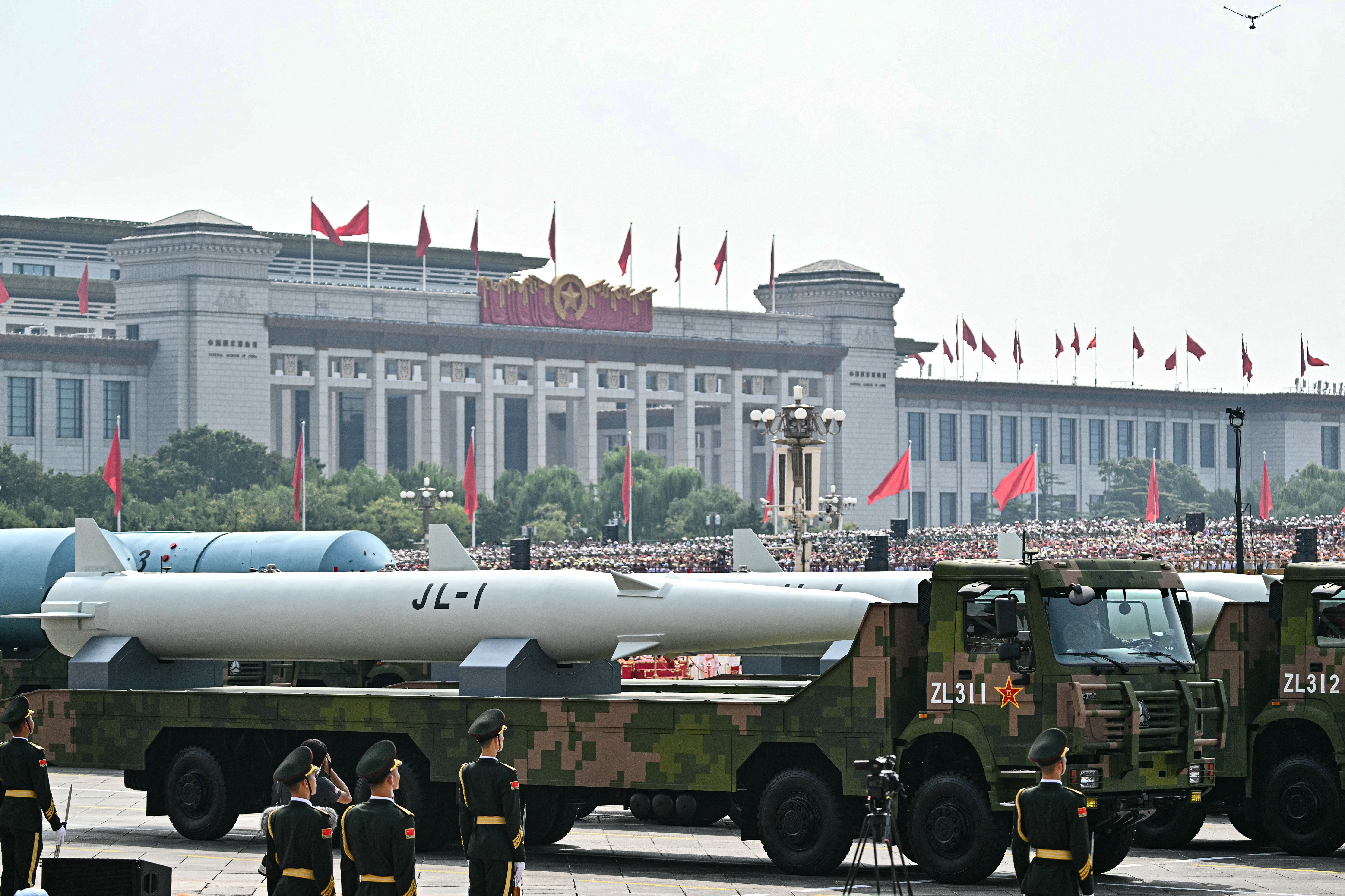 The JL-1 first generation nuclear submarine-launched ballistic missile is seen during a military parade marking the 80th anniversary of victory over Japan and the end of World War II, in Beijing's Tiananmen Square on September 3, 2025. (Photo by Pedro Pardo / AFP) (Photo by PEDRO PARDO/AFP via Getty Images)