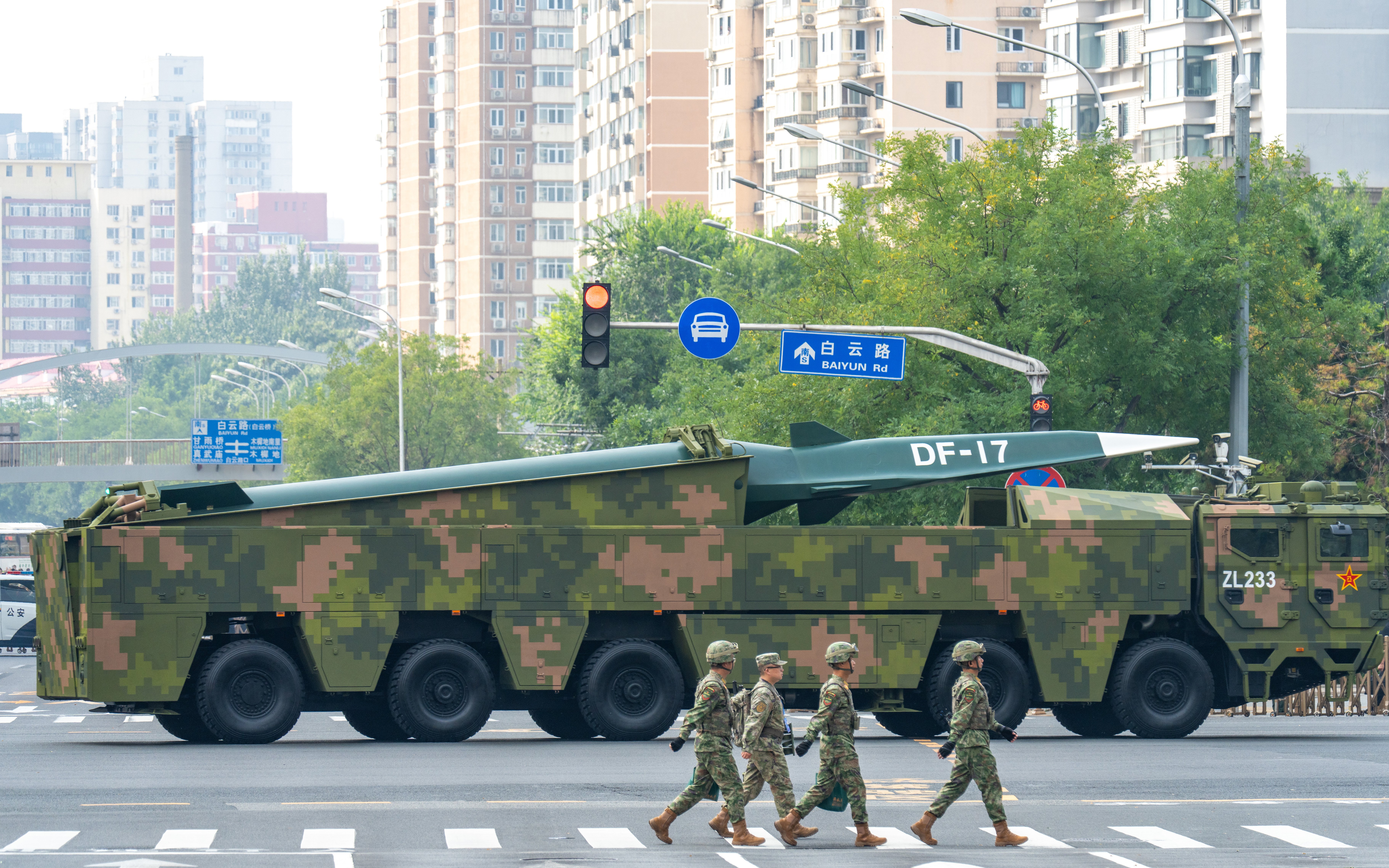 BEIJING, CHINA - SEPTEMBER 03: DF-17 hypersonic missiles are reviewed during the V-Day military parade on September 3, 2025 in Beijing, China. China unveiled its land-, sea-, and air-based strategic forces as the nuclear triad for the first time in Wednesday's V-Day military parade during a grand gathering to commemorate the 80th anniversary of the victory in the Chinese People's War of Resistance against Japanese Aggression and the World Anti-Fascist War. (Photo by VCG/VCG via Getty Images)