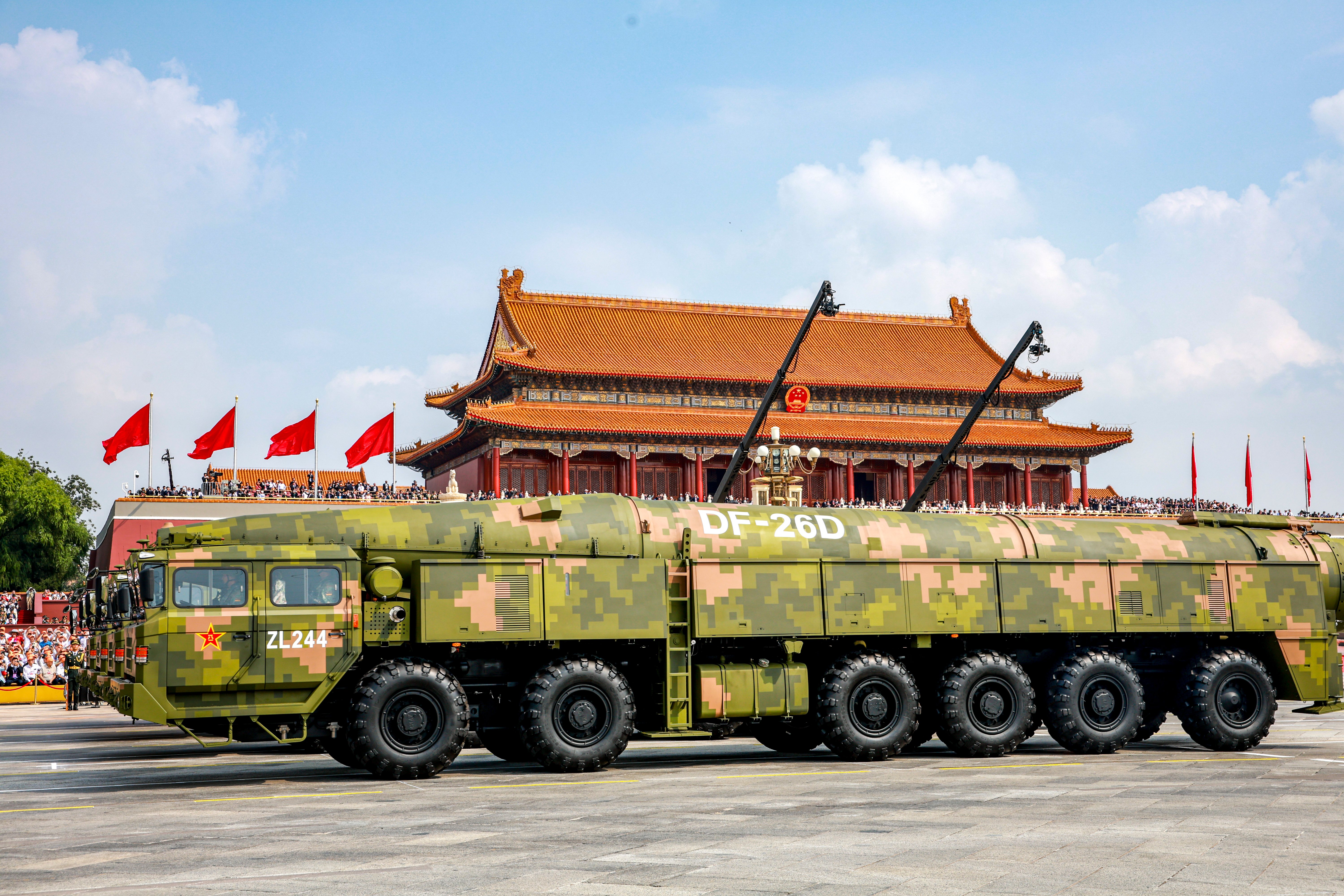 BEIJING, CHINA - SEPTEMBER 03: China's hypersonic missiles with all-weather combat capabilities DongFeng-26D of the nuclear missile formation pass through Tian'anmen Square during the V-Day military parade on September 3, 2025 in Beijing, China. China unveiled its land-, sea-, and air-based strategic forces as the nuclear triad for the first time in Wednesday's V-Day military parade during a grand gathering to commemorate the 80th anniversary of the victory in the Chinese People's War of Resistance against Japanese Aggression and the World Anti-Fascist War. (Photo by VCG/VCG via Getty Images)