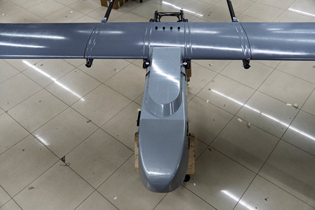 This photograph shows a long-range drone during its' assembling in a workshop of the Fire Point company which manufactures FP-1 deep-strike drones and FP-2 strike drones in an undisclosed location in Ukraine on January 29, 2026, amid the Russian invasion of Ukraine. (Photo by Serhii Okunev / AFP via Getty Images)