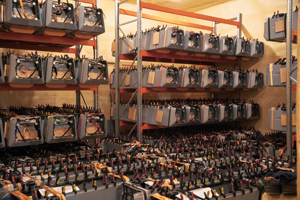 This photograph shows parts of long-range drones stored in a workshop of the Fire Point company which manufactures FP-1 deep-strike drones and FP-2 strike drones in an undisclosed location in Ukraine on January 29, 2026, amid the Russian invasion of Ukraine. (Photo by Serhii Okunev / AFP via Getty Images)