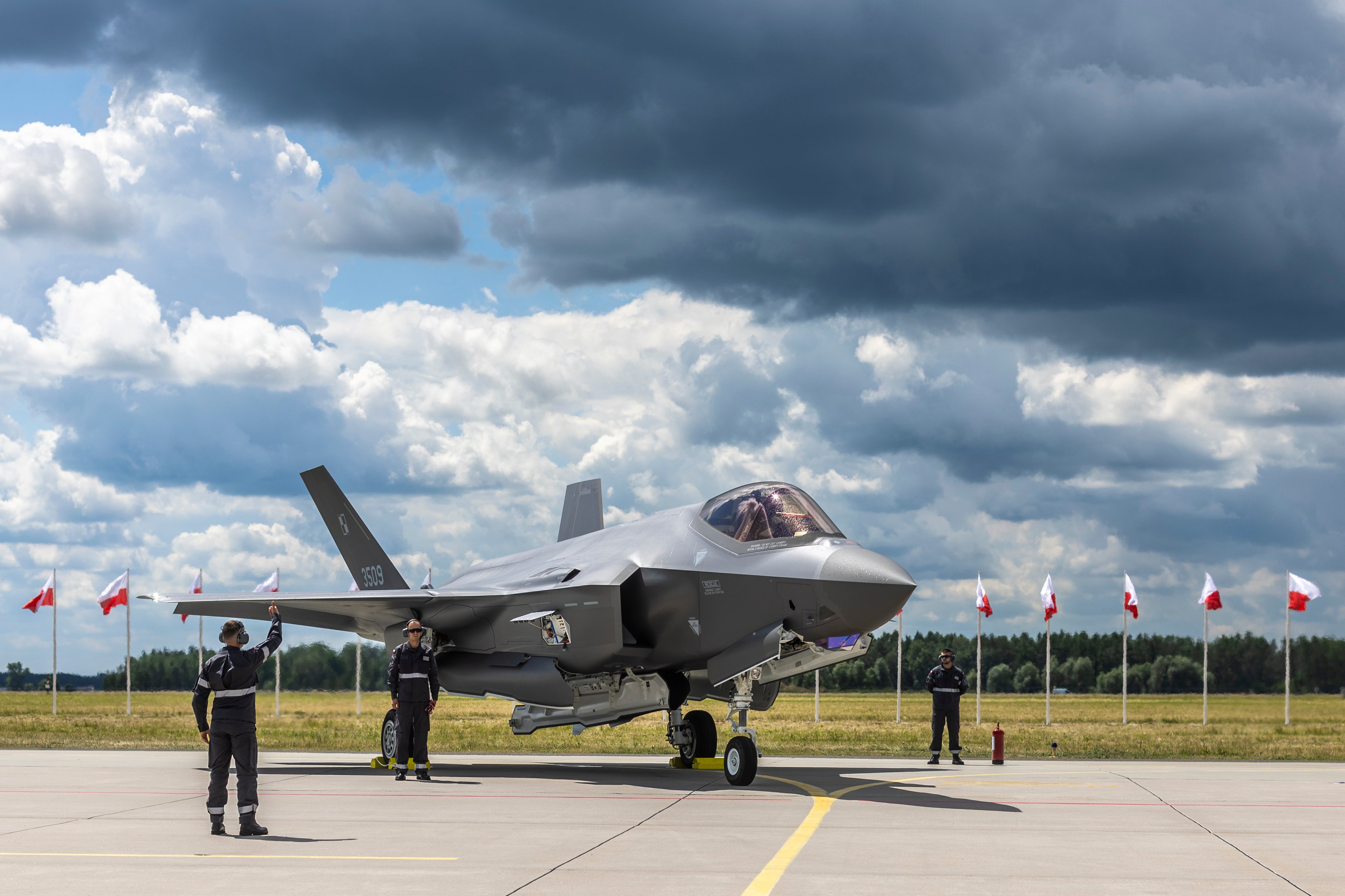 One of the first three Polish Air Force F-35 fighter jet, known in Poland as Husarz, during a ceremony marking the aircraft's official entry into service at the 32nd Tactical Air Base in Lask, Poland, on June 12, 2026. NO SALES POLAND (Photo by Andrzej Iwanczuk/NurPhoto via Getty Images)
