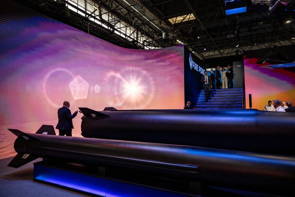 Visitors walk at the stand of Ukrainian defence technology company Fire Point during the Eurosatory land and airland defence and security trade fair, at the Paris-Nord Villepinte Exhibition Centre in Villepinte, north of Paris on June 15, 2026. (Photo by Guillaume BAPTISTE / AFP via Getty Images)