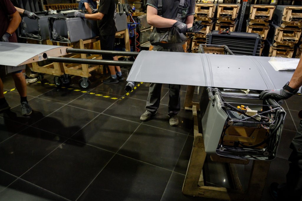 UKRAINE - JULY 17: Ukrainian workers use 3D printing and carbon fiber at a secret factory to build and fit wings, components, and fuselages of FP-2 drones, made by the Fire Point defense company, for deep-strike attacks inside Russia that have targeted Russia's energy infrastructure and military logistics hubs, on July 17, 2026 at an undisclosed location in Ukraine. Fire Point also builds the Flamingo cruise missile, and its drones and the Flamingo account for 60% of all of Ukraine's increasing deep-strike attacks, which have helped turn the war in Ukraine's favor, and which President Volodymyr Zelensky calls remote sanctions against Russia. (Photo by Scott Peterson/Getty Images)
