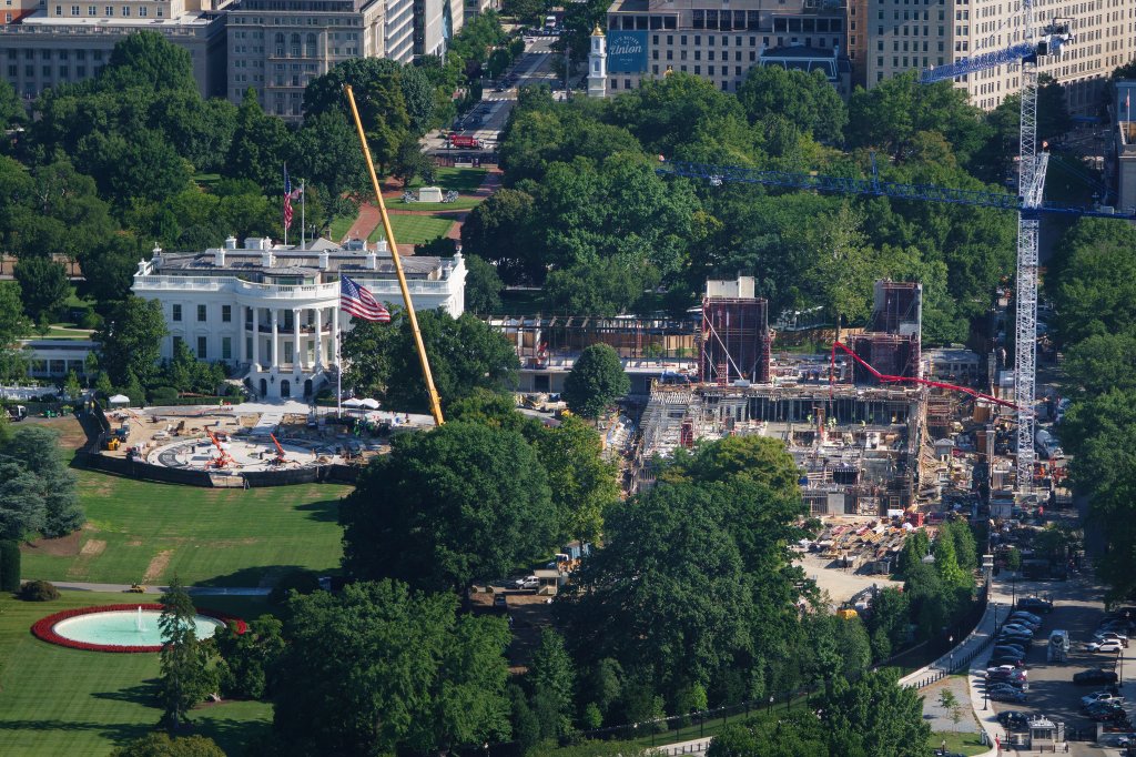 WASHINGTON, DC - JULY 30: Construction continues on a new helipad on the South Lawn of the White House and the East Wing ballroom on July 30, 2026 in Washington, DC. (Photo by Kevin Carter/Getty Images)